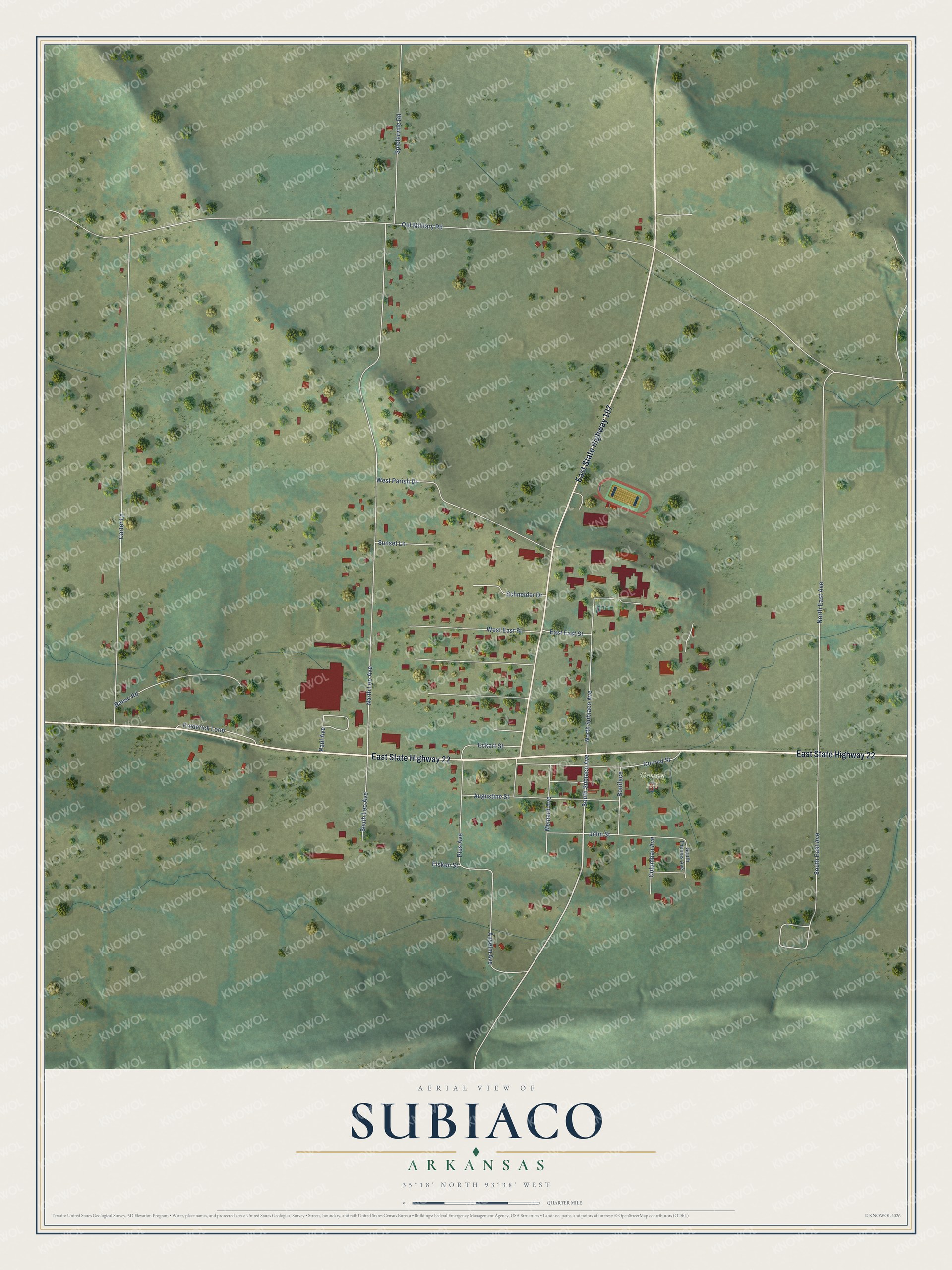 Full map of Subiaco, Arkansas, with red buildings, printed street names and the land around them