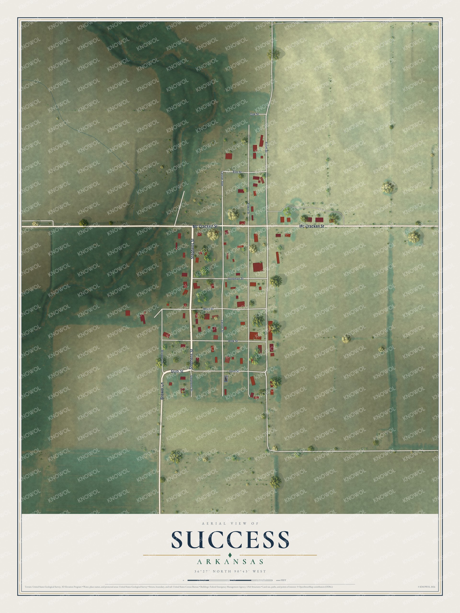 Full map of Success, Arkansas, with red buildings, printed street names and the land around them