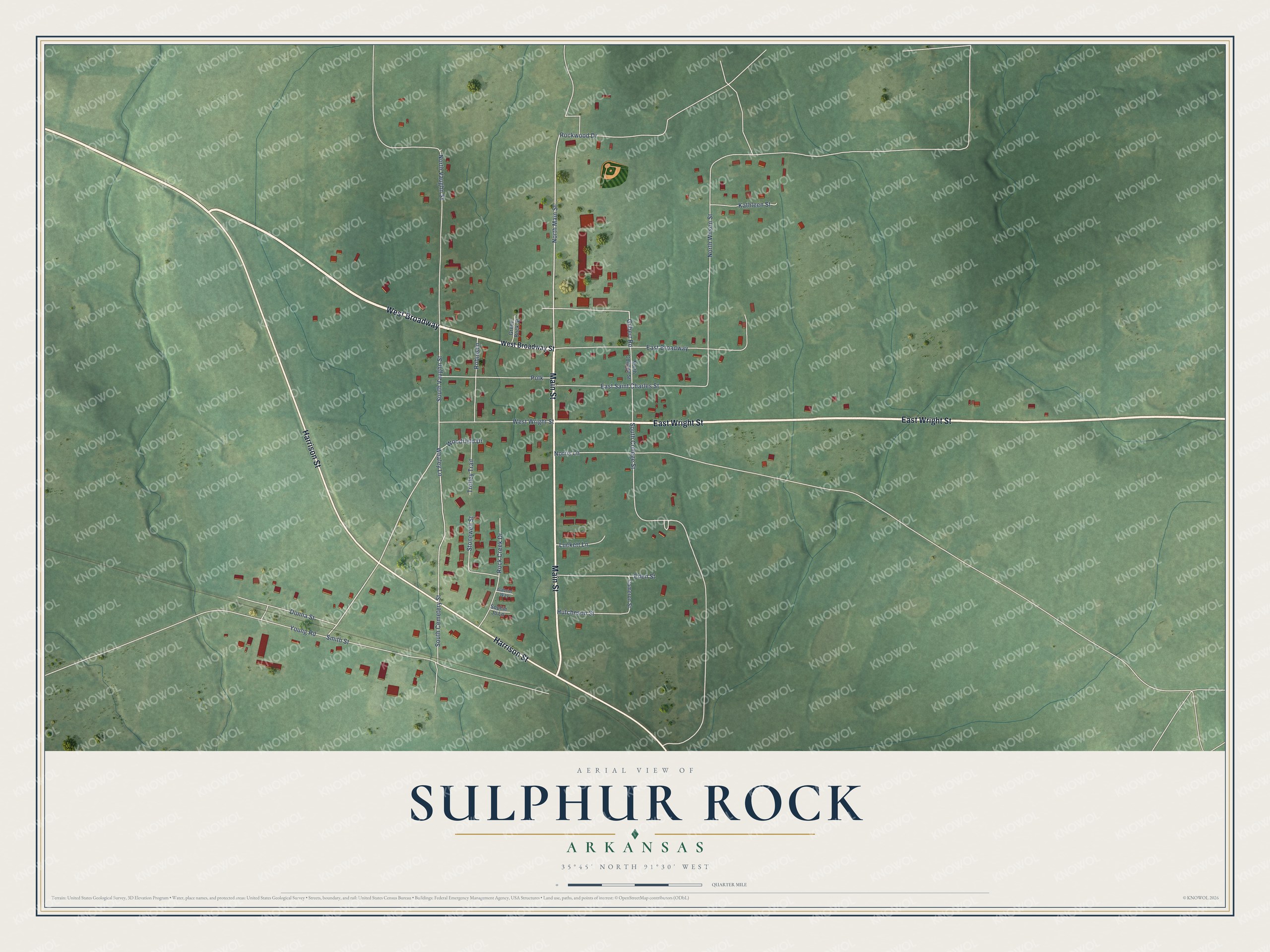 Full map of Sulphur Rock, Arkansas, with red buildings, printed street names and the land around them