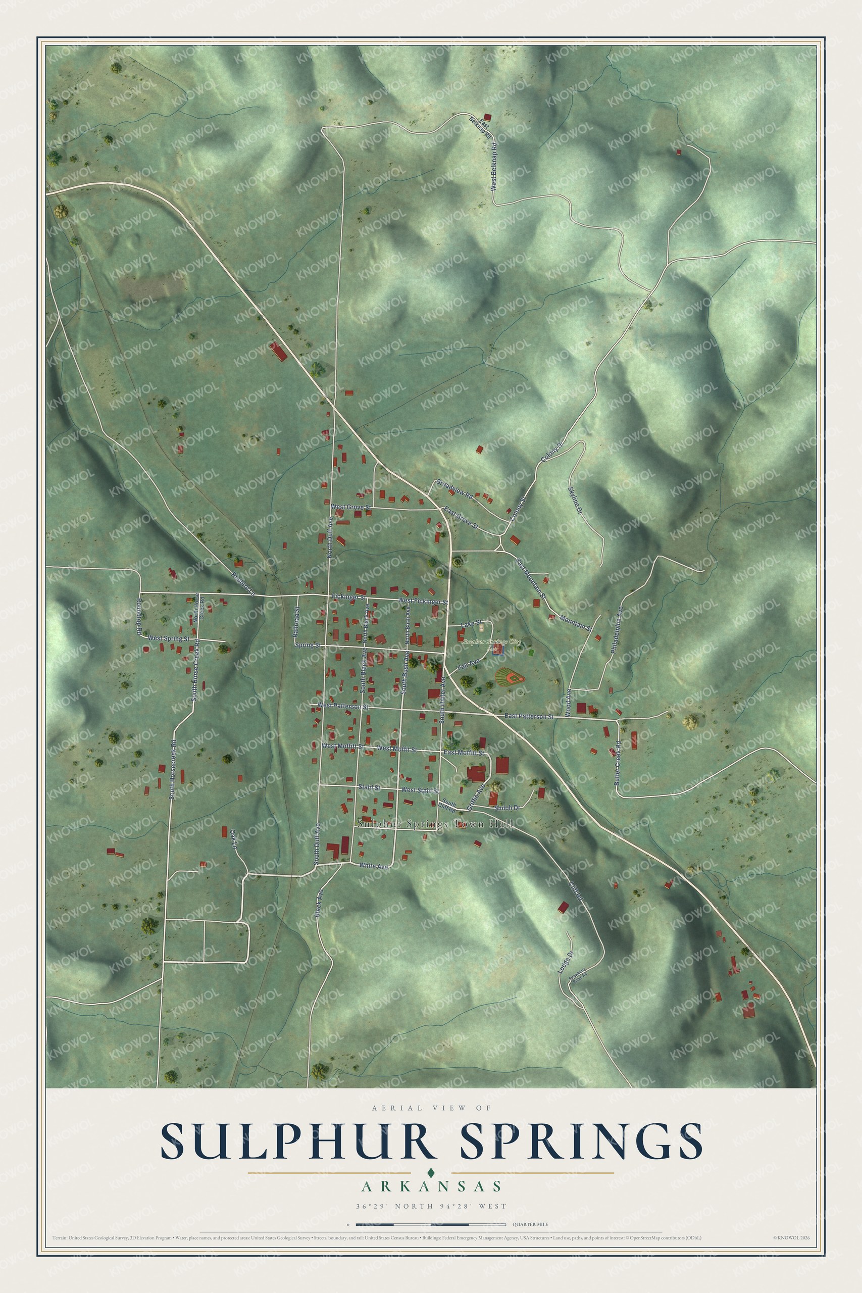 Full map of Sulphur Springs, Arkansas, with red buildings, printed street names and the land around them