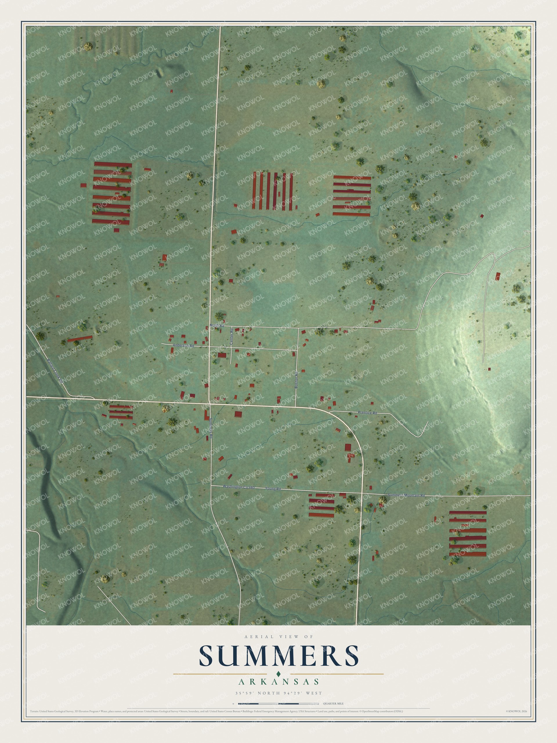Full map of Summers, Arkansas, with red buildings, printed street names and the land around them
