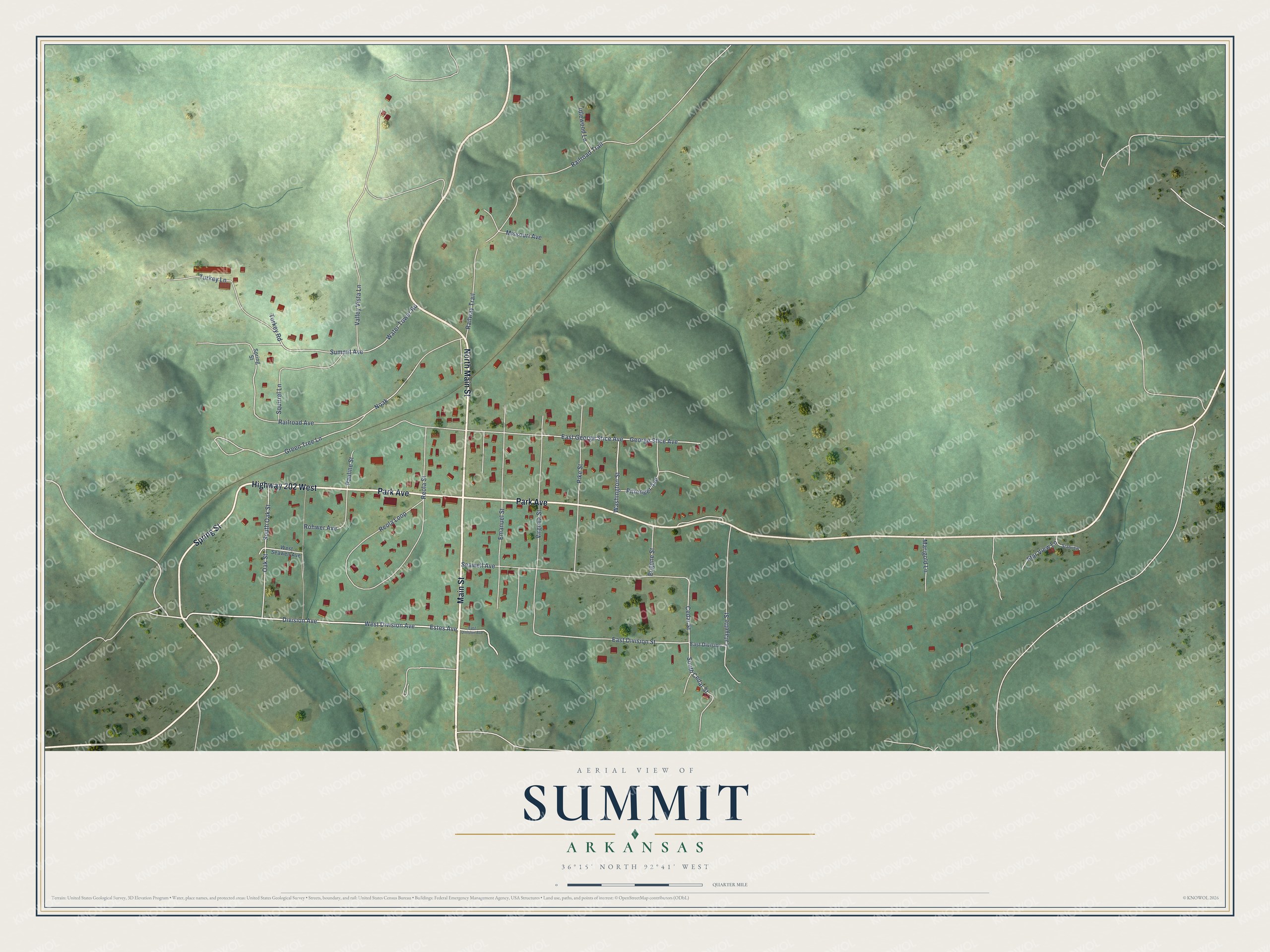 Full map of Summit, Arkansas, with red buildings, printed street names and the land around them
