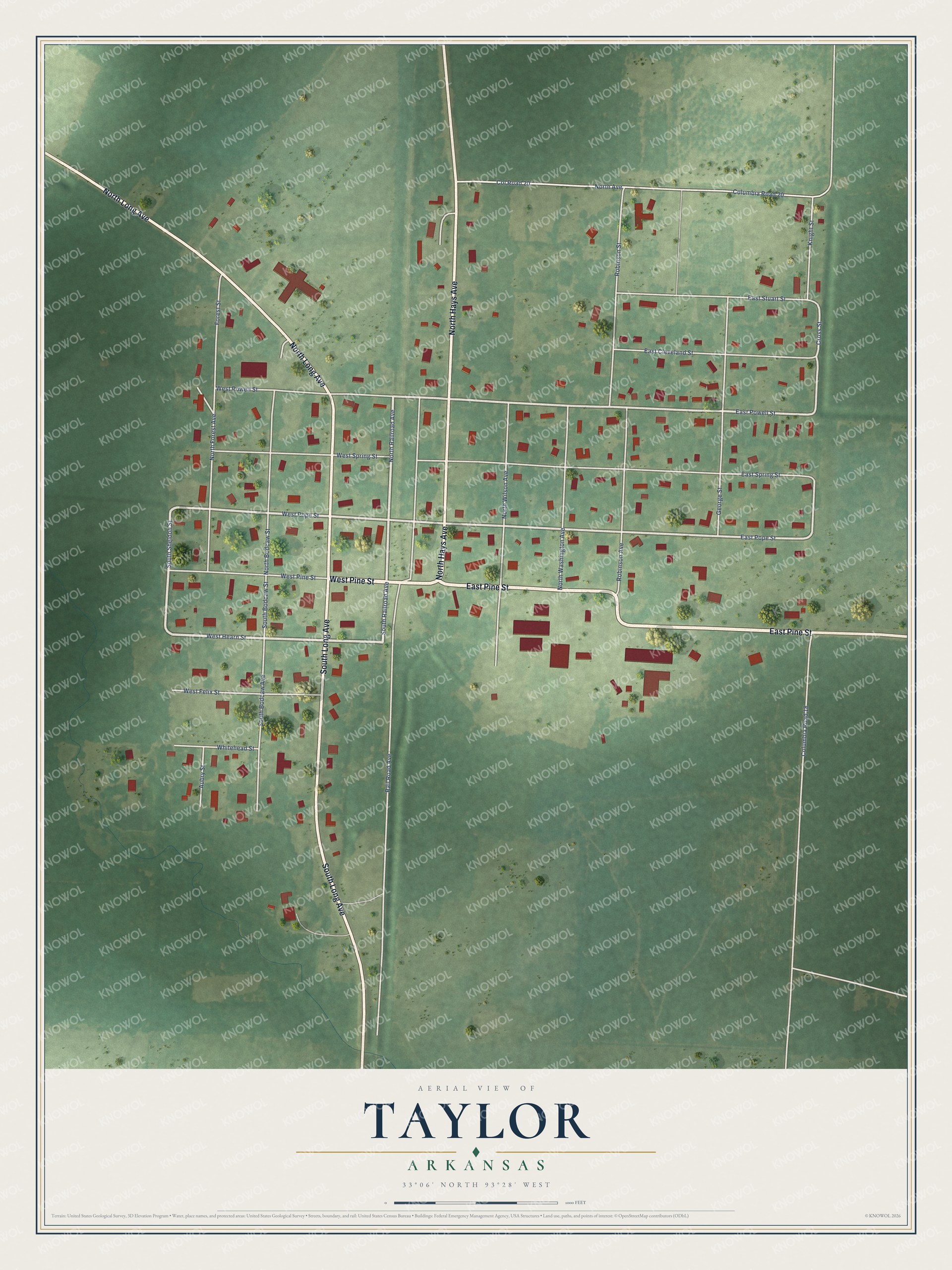 Full map of Taylor, Arkansas, with red buildings, printed street names and the land around them