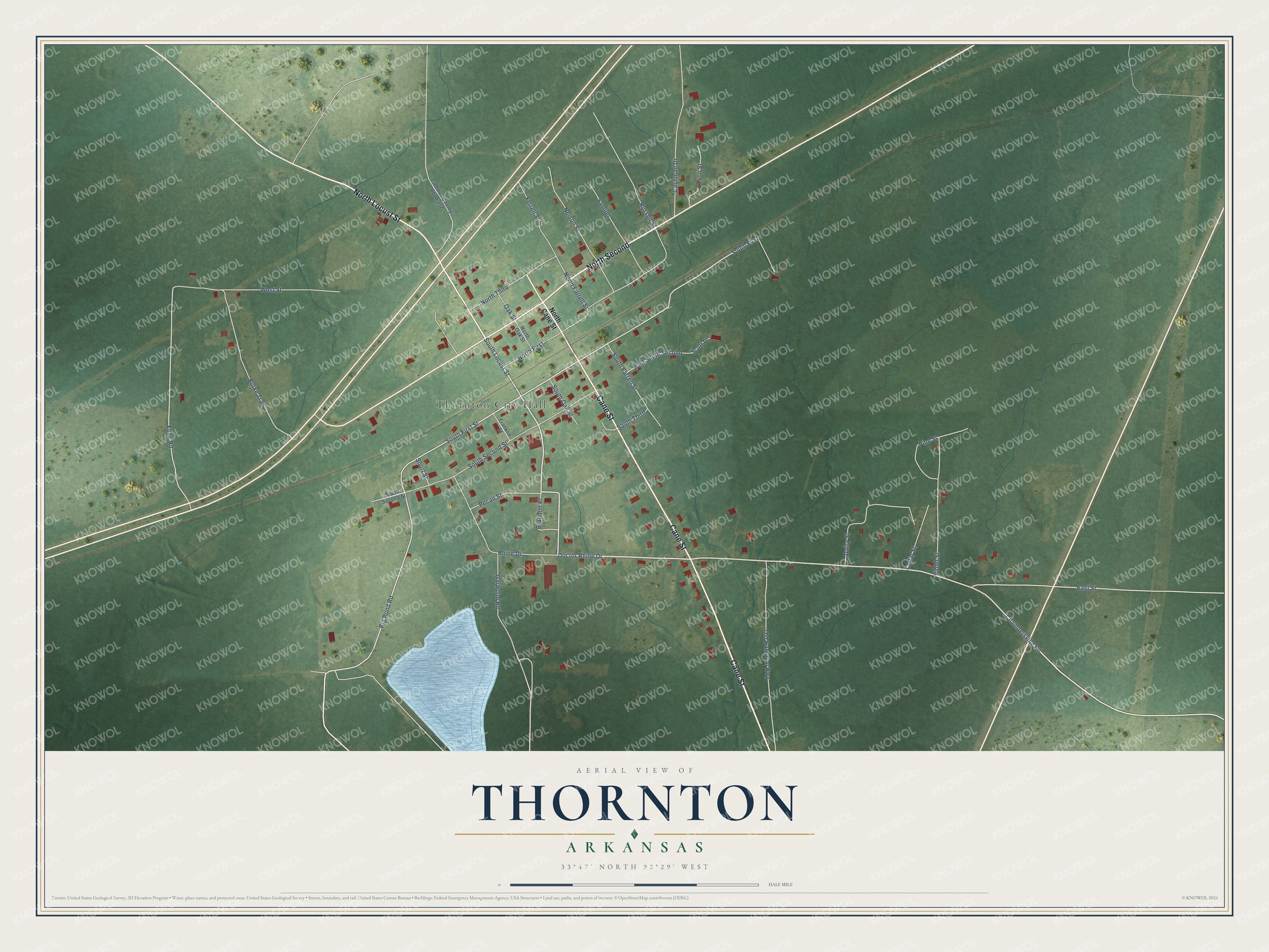 Full map of Thornton, Arkansas, with red buildings, printed street names and the land around them