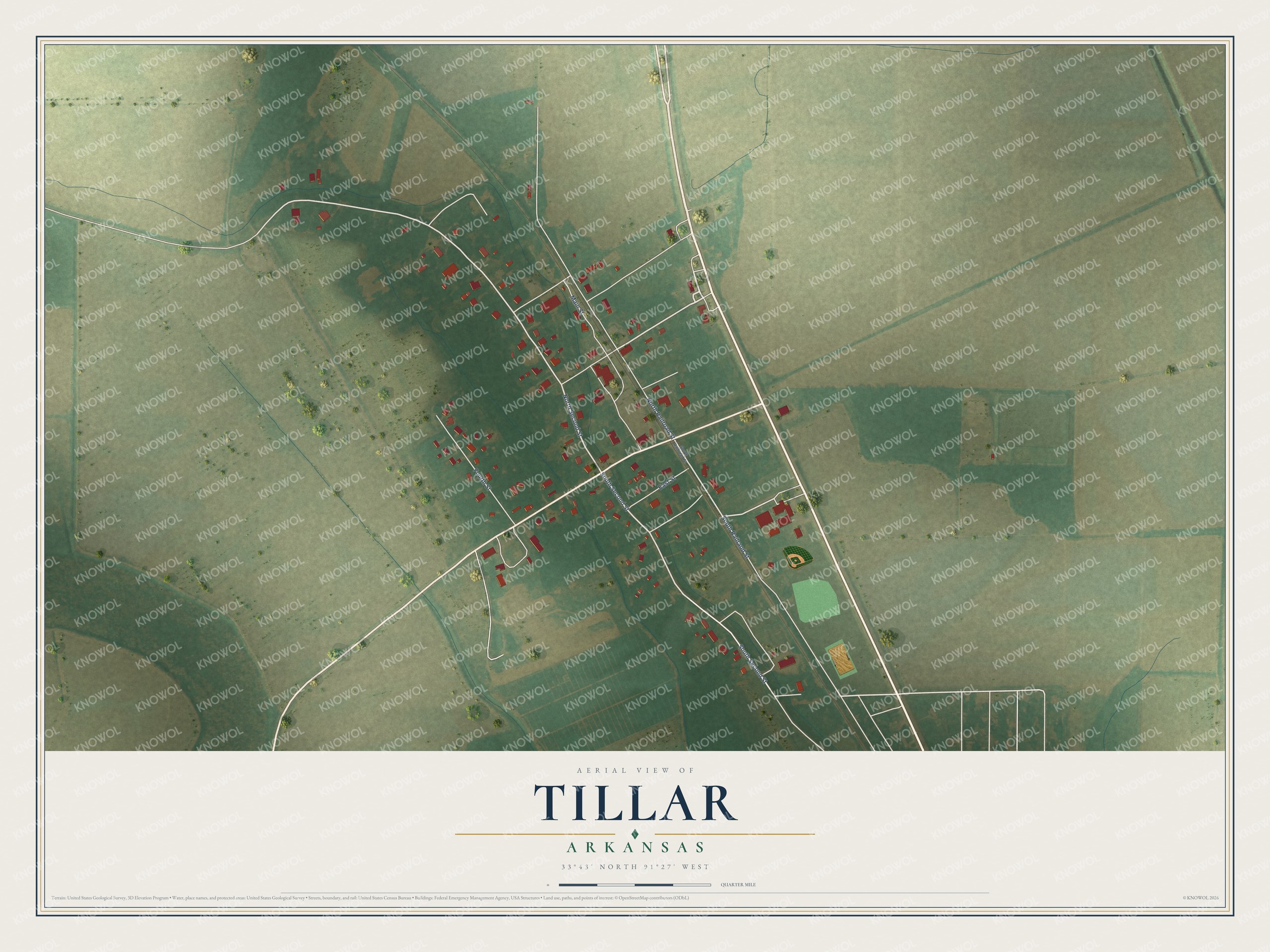 Full map of Tillar, Arkansas, with red buildings, printed street names and the land around them