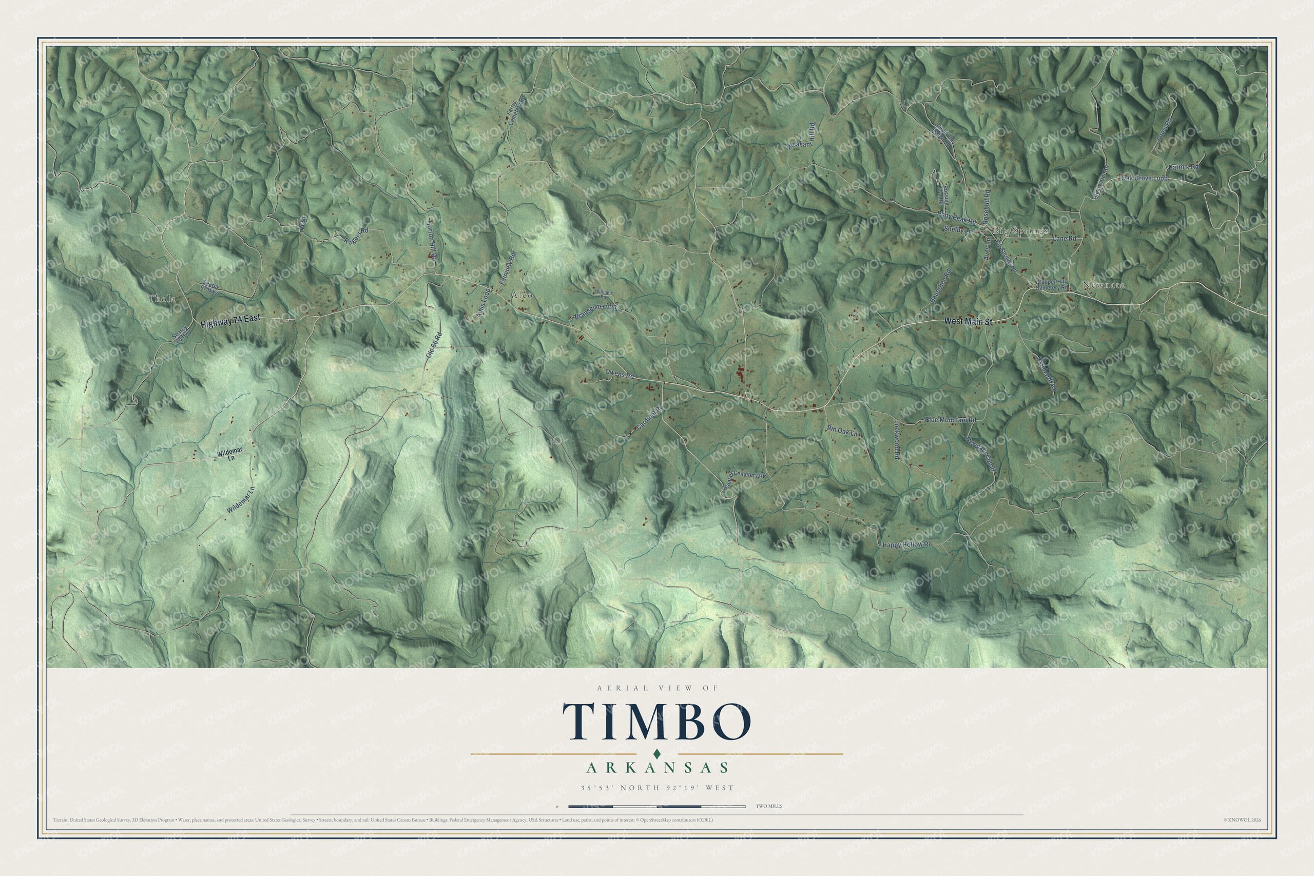 Full map of Timbo, Arkansas, with red buildings, printed street names and the land around them