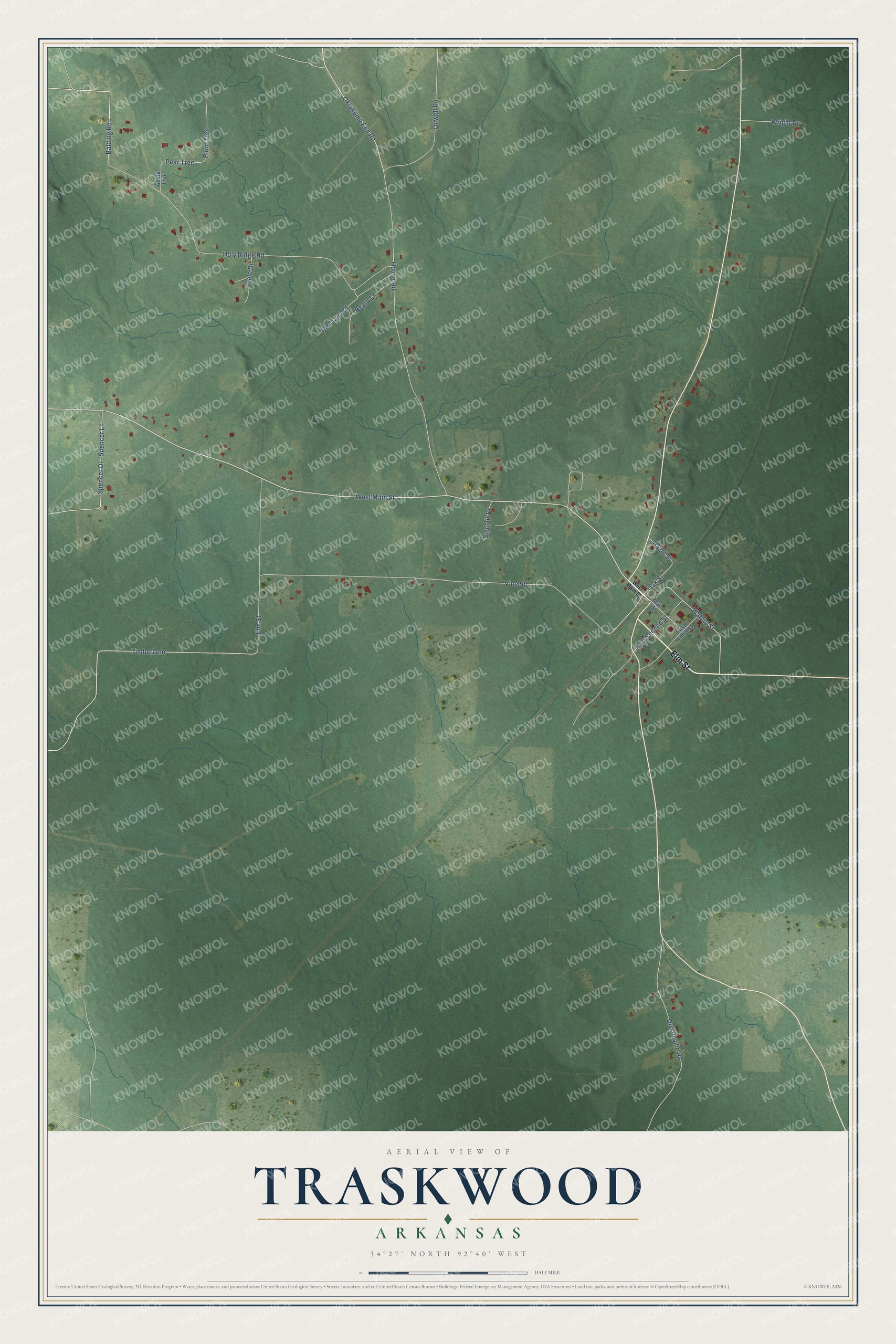 Full map of Traskwood, Arkansas, with red buildings, printed street names and the land around them