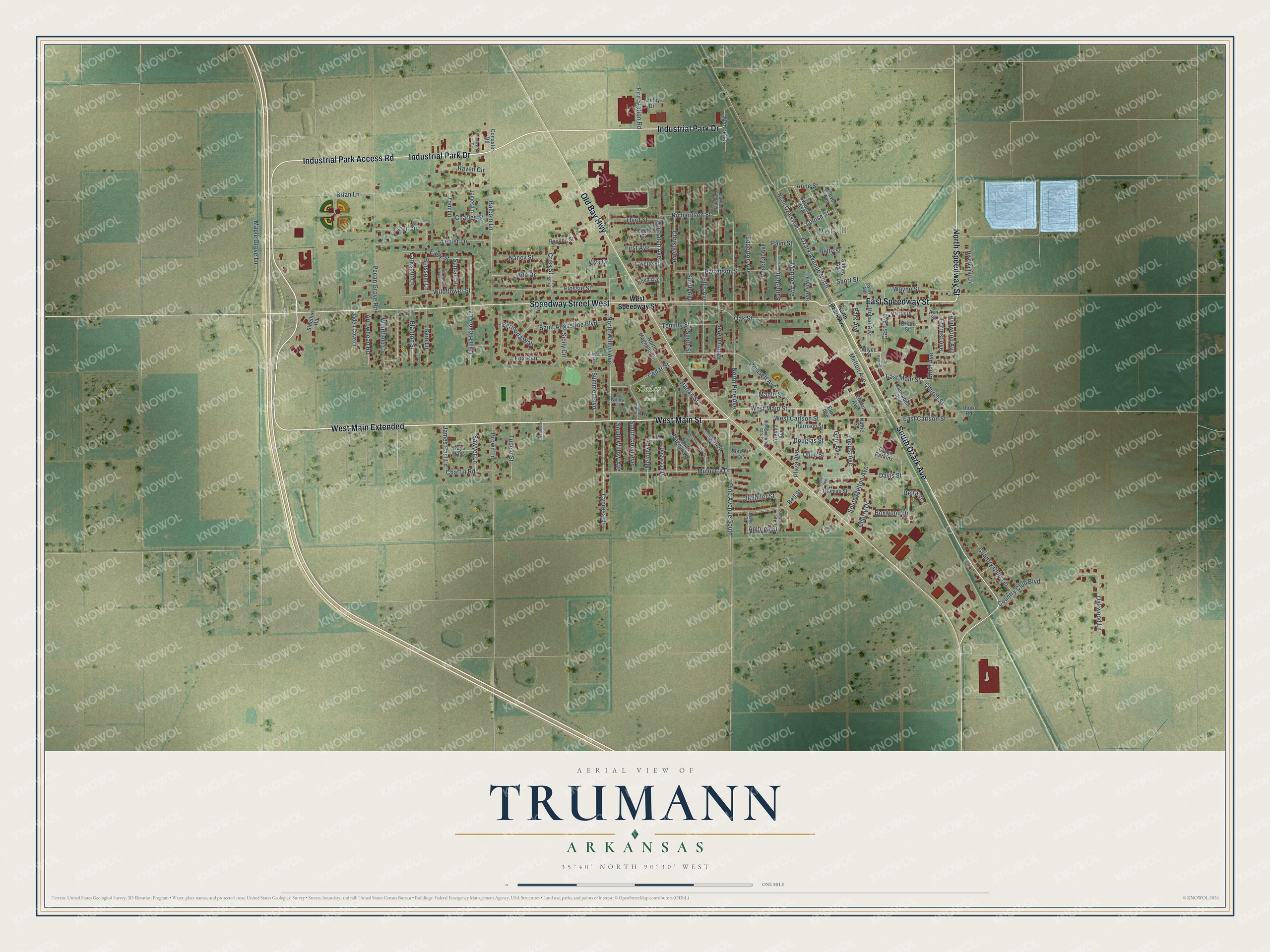 Full map of Trumann, Arkansas, with red buildings, printed street names and the land around them