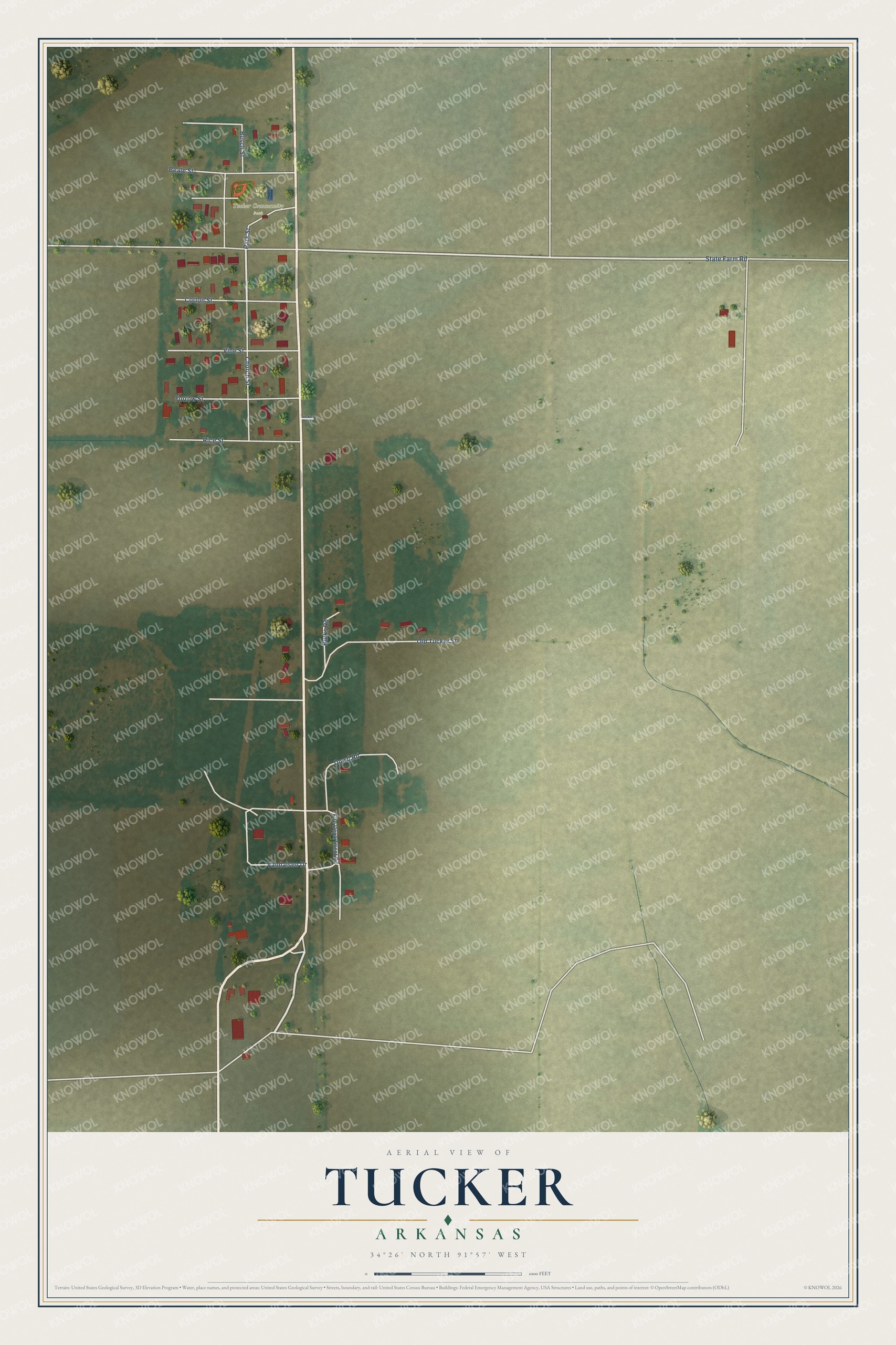 Full map of Tucker, Arkansas, with red buildings, printed street names and the land around them
