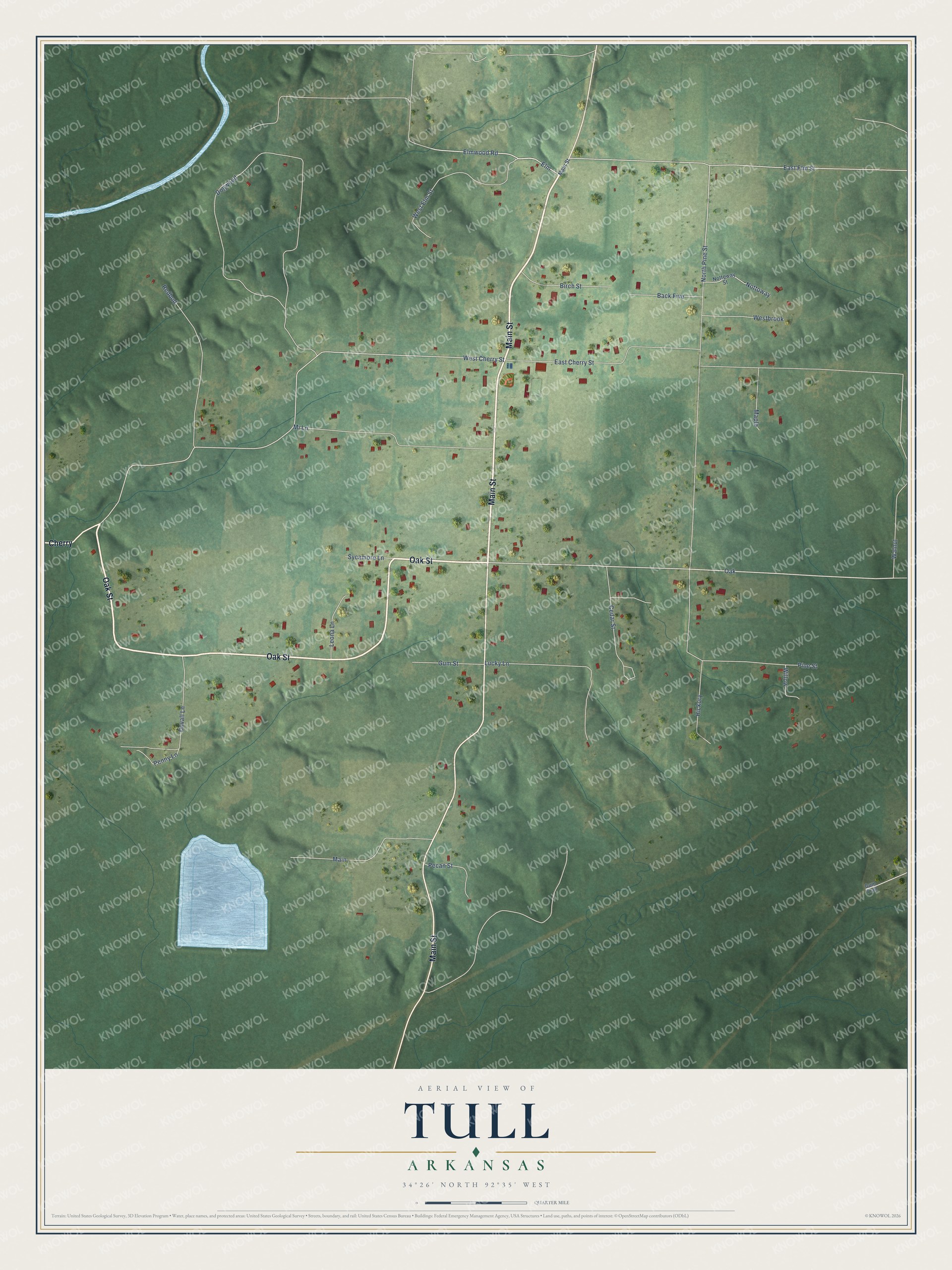 Full map of Tull, Arkansas, with red buildings, printed street names and the land around them