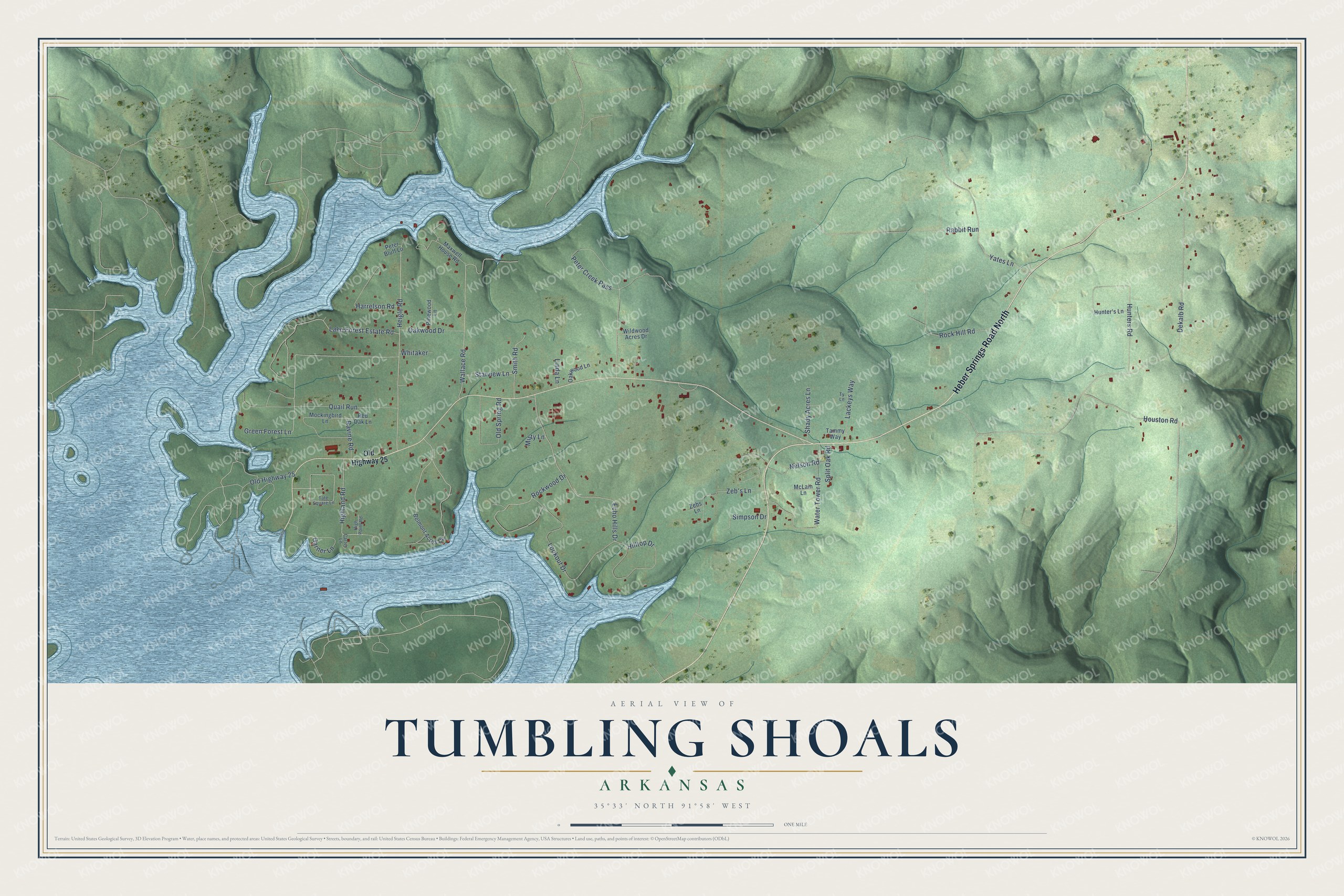 Watermarked full-map preview of Tumbling Shoals, Arkansas