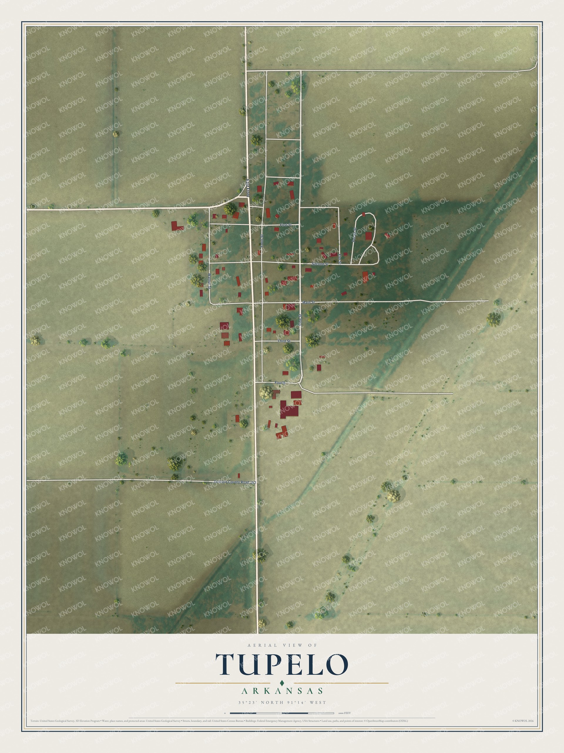 Full map of Tupelo, Arkansas, with red buildings, printed street names and the land around them