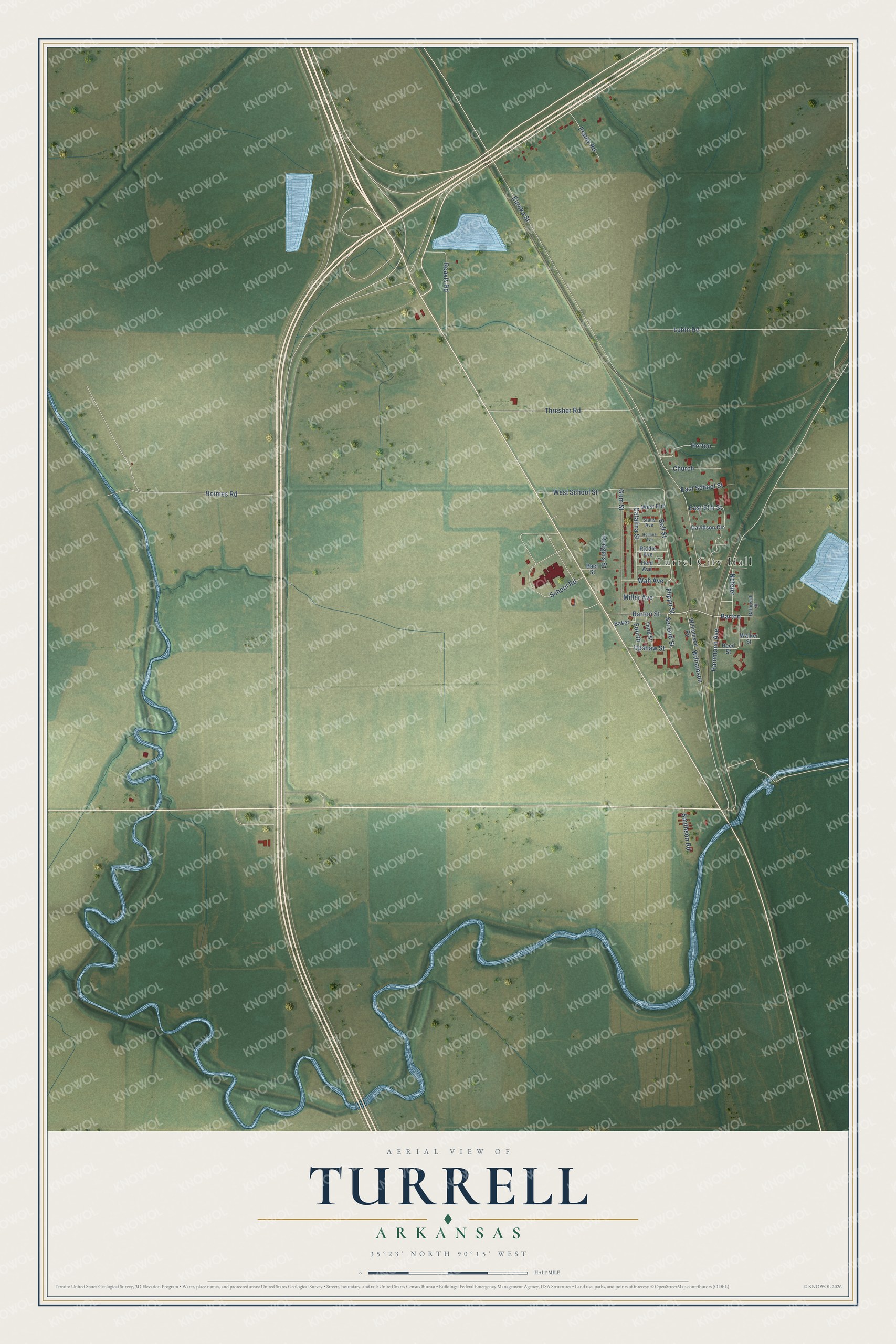 Full map of Turrell, Arkansas, with red buildings, printed street names and the land around them