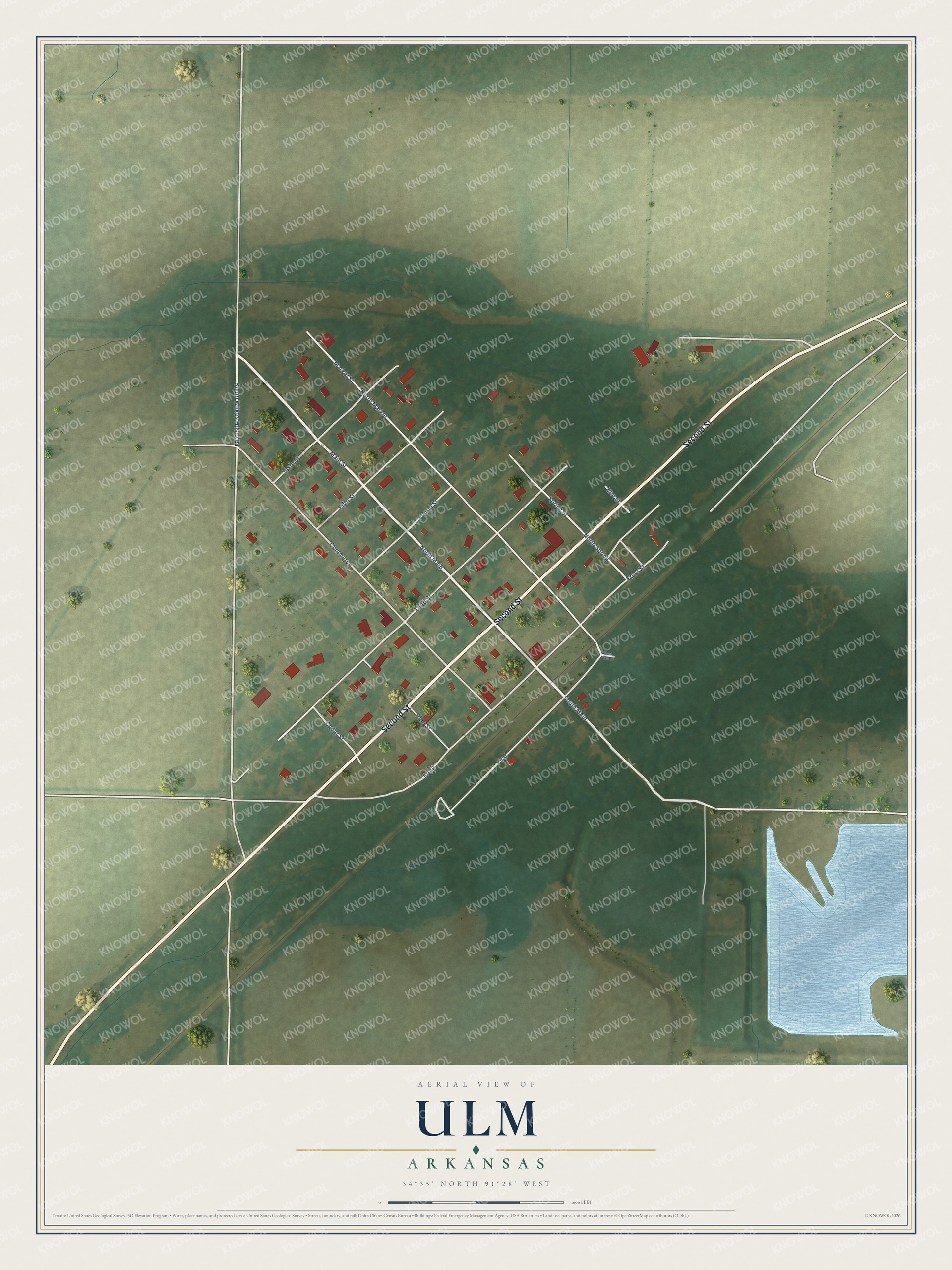 Full map of Ulm, Arkansas, with red buildings, printed street names and the land around them