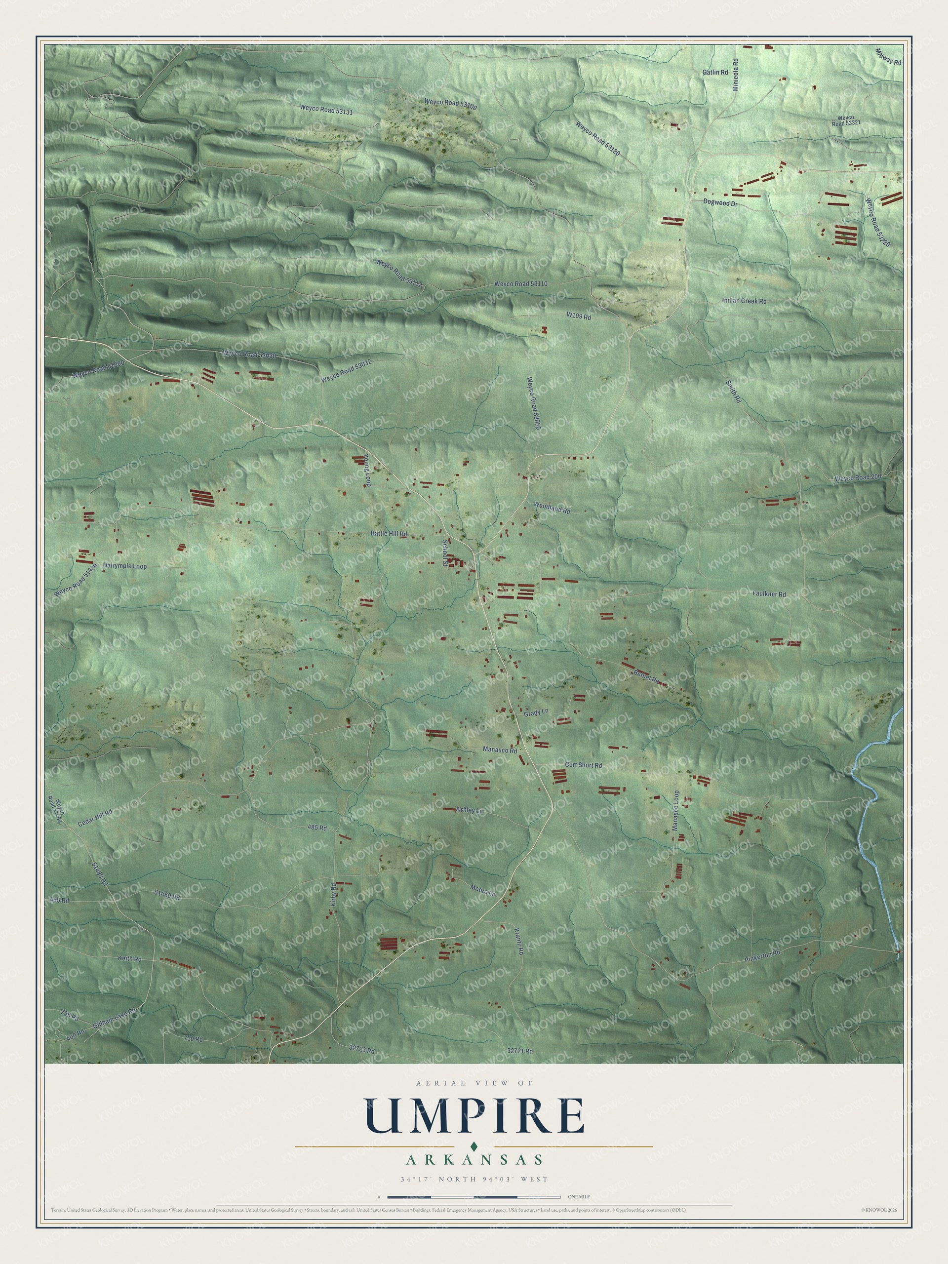 Full map of Umpire, Arkansas, with red buildings, printed street names and the land around them