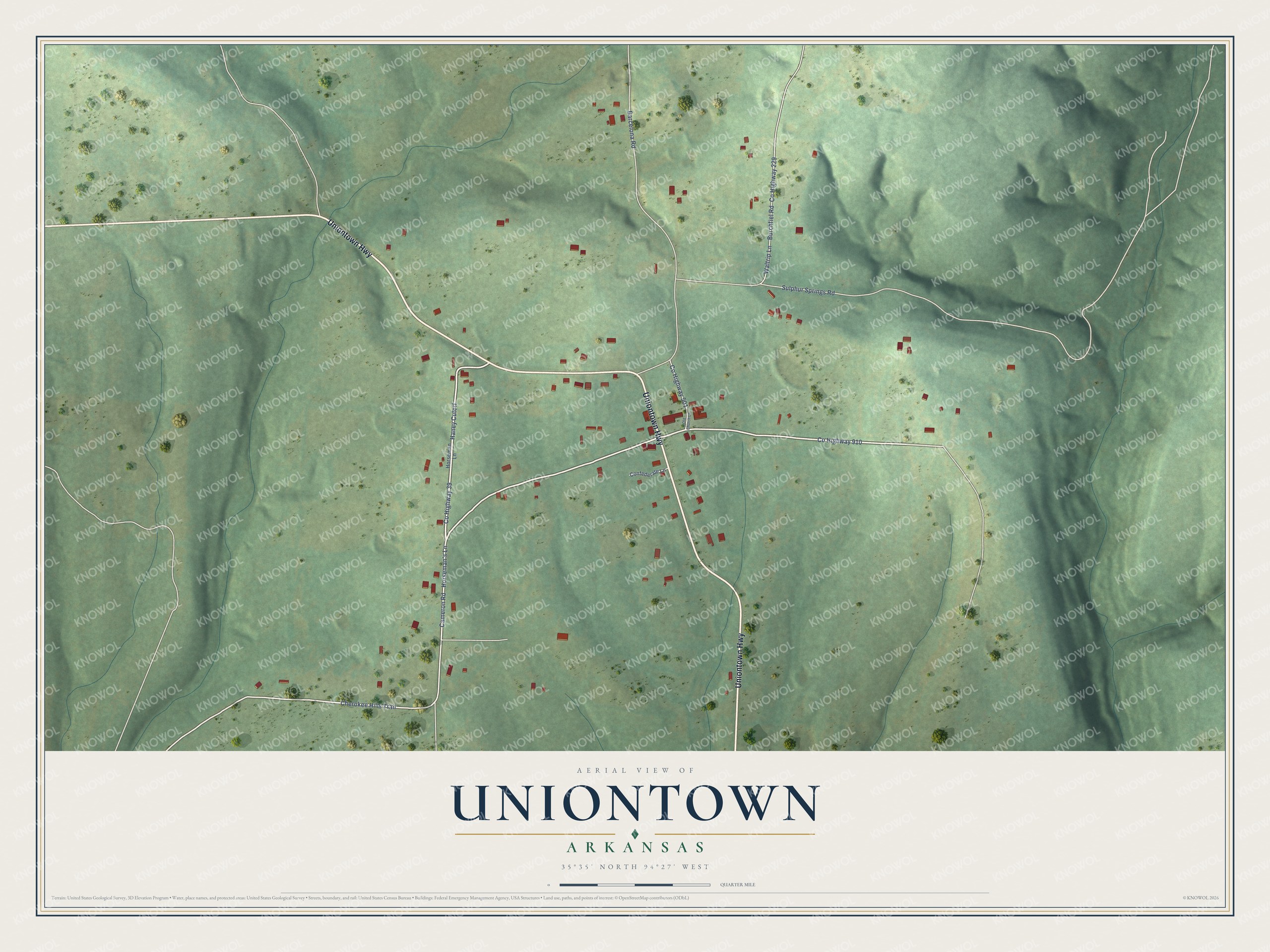 Full map of Uniontown, Arkansas, with red buildings, printed street names and the land around them