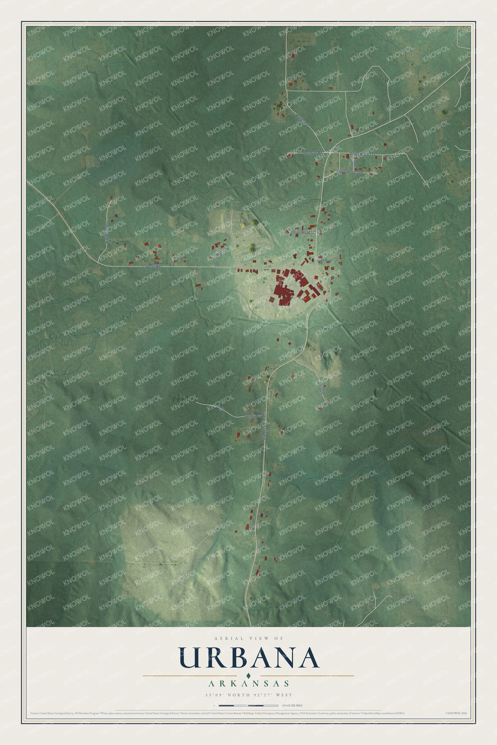 Full map of Urbana, Arkansas, with red buildings, printed street names and the land around them