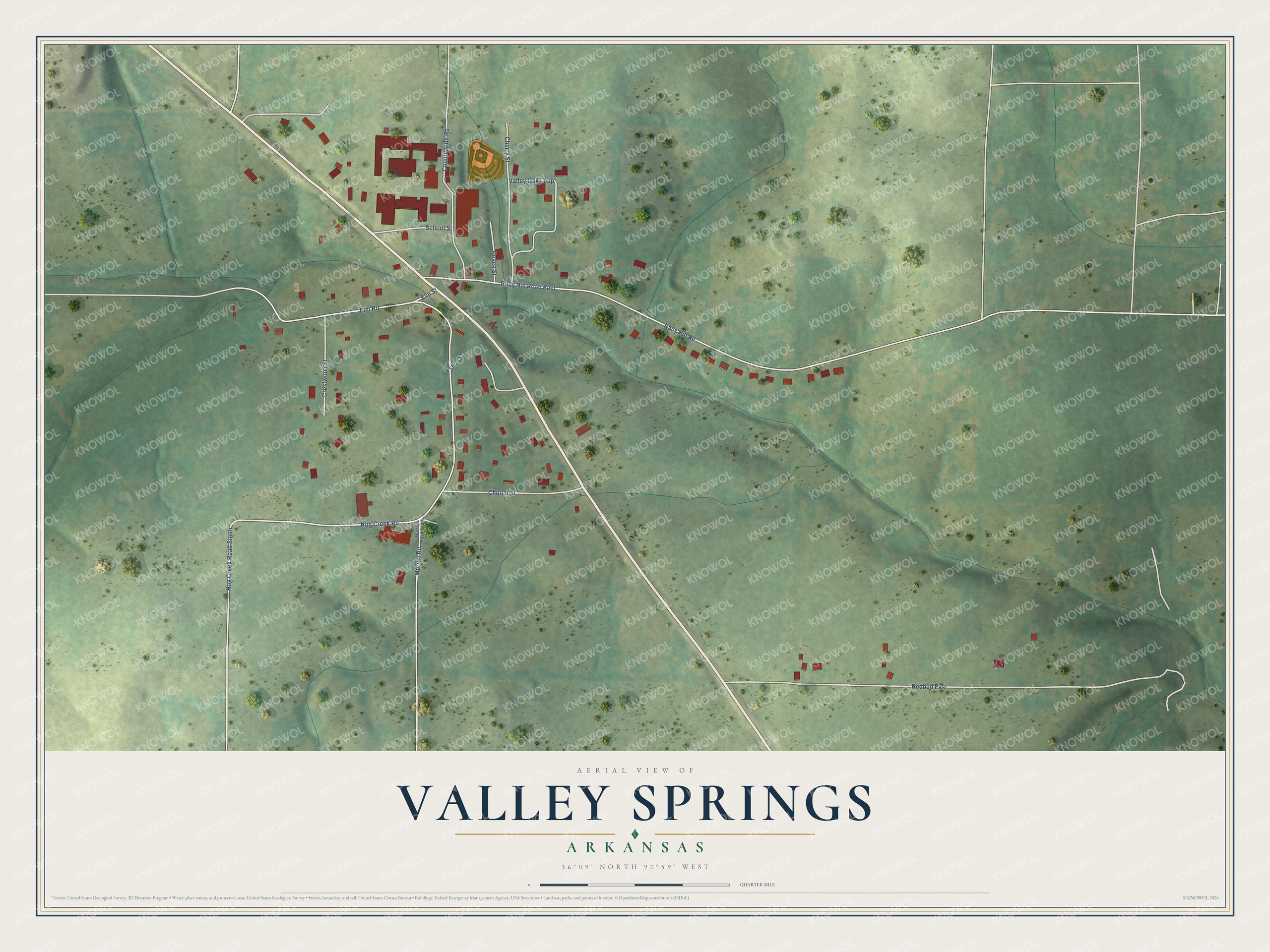 Full map of Valley Springs, Arkansas, with red buildings, printed street names and the land around them