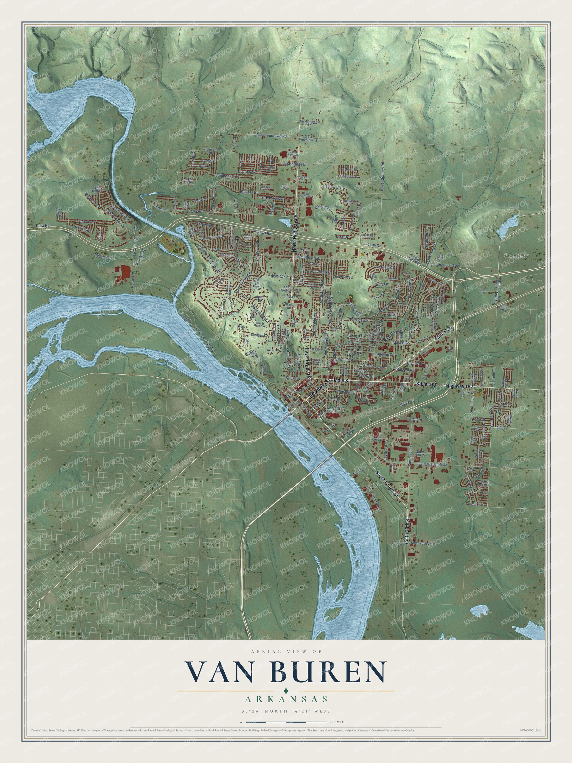 Full map of Van Buren, Arkansas, with red buildings, printed street names and the land around them