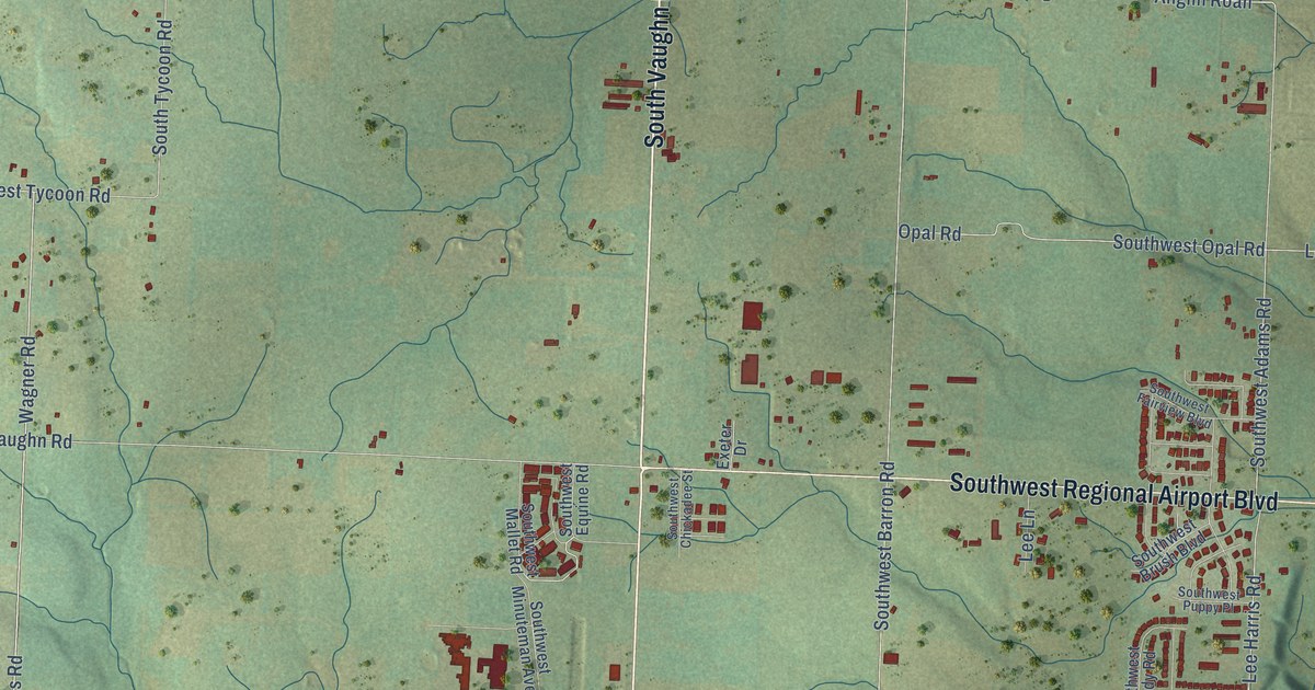 Close-up of streets and buildings in Vaughn, Arkansas