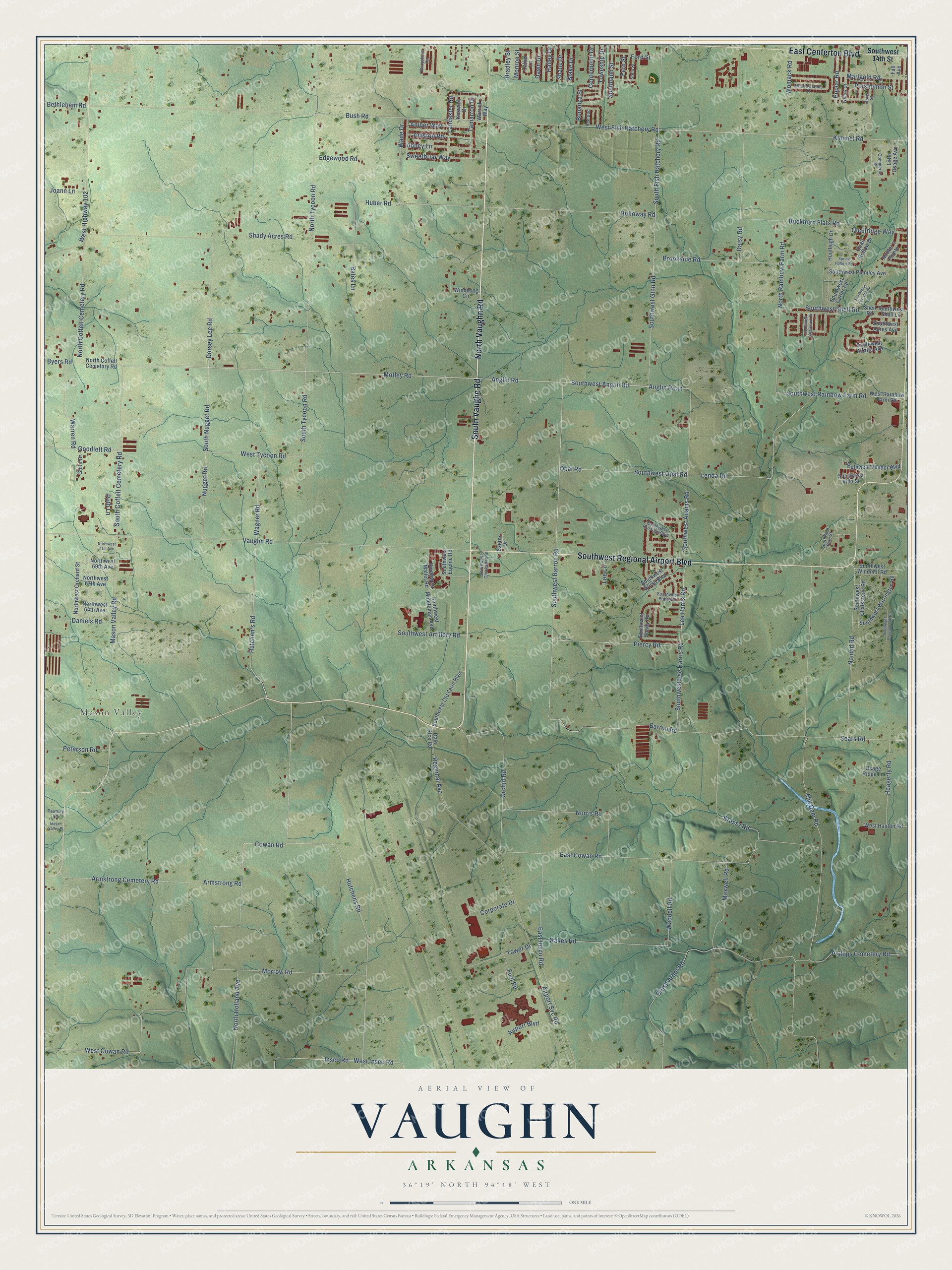 Full map of Vaughn, Arkansas, with red buildings, printed street names and the land around them
