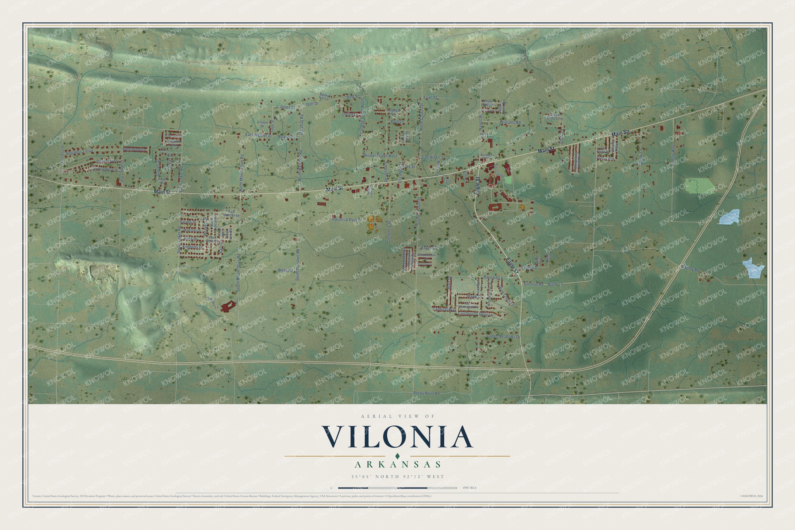 Full map of Vilonia, Arkansas, with red buildings, printed street names and the land around them
