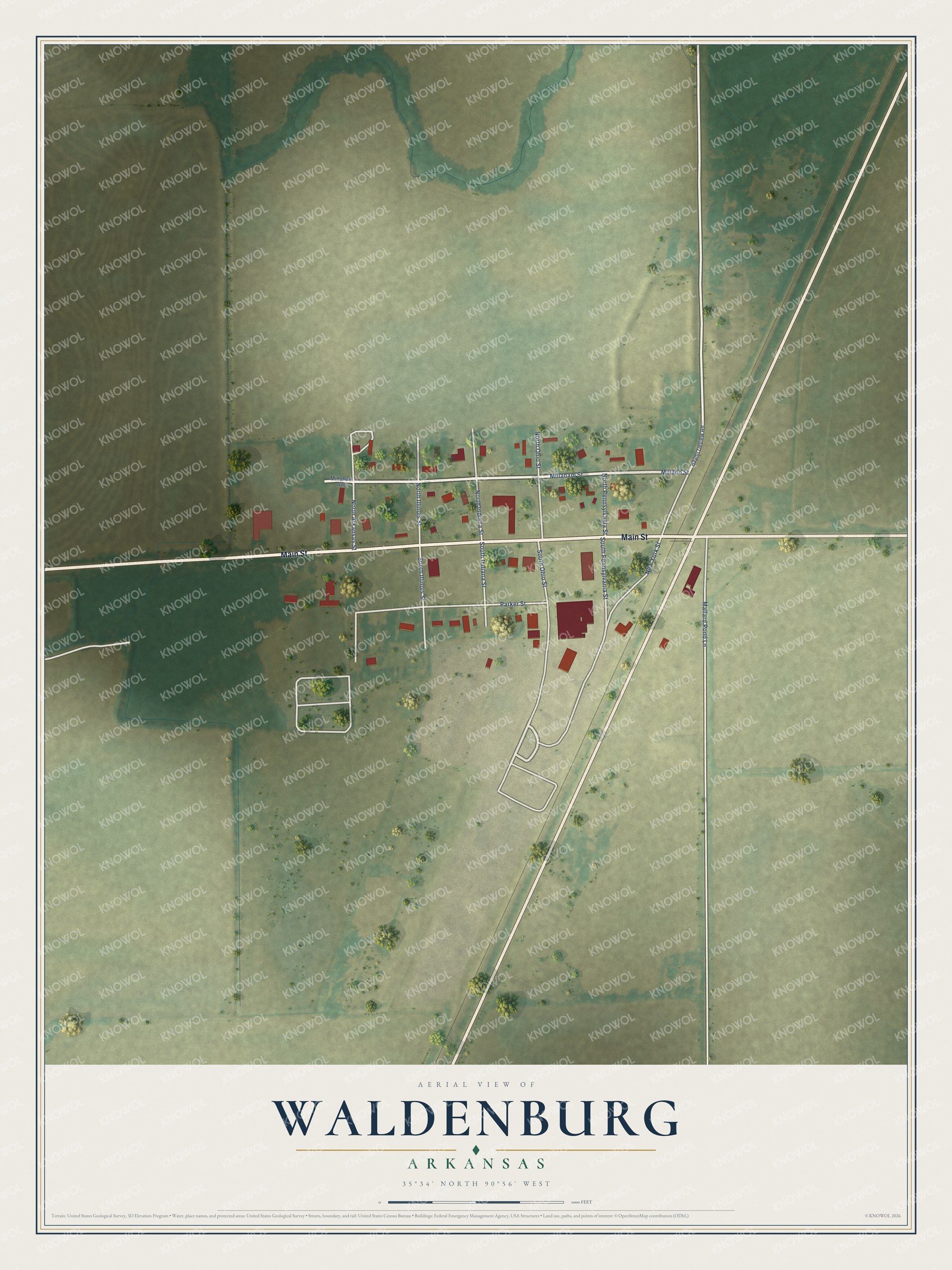 Full map of Waldenburg, Arkansas, with red buildings, printed street names and the land around them