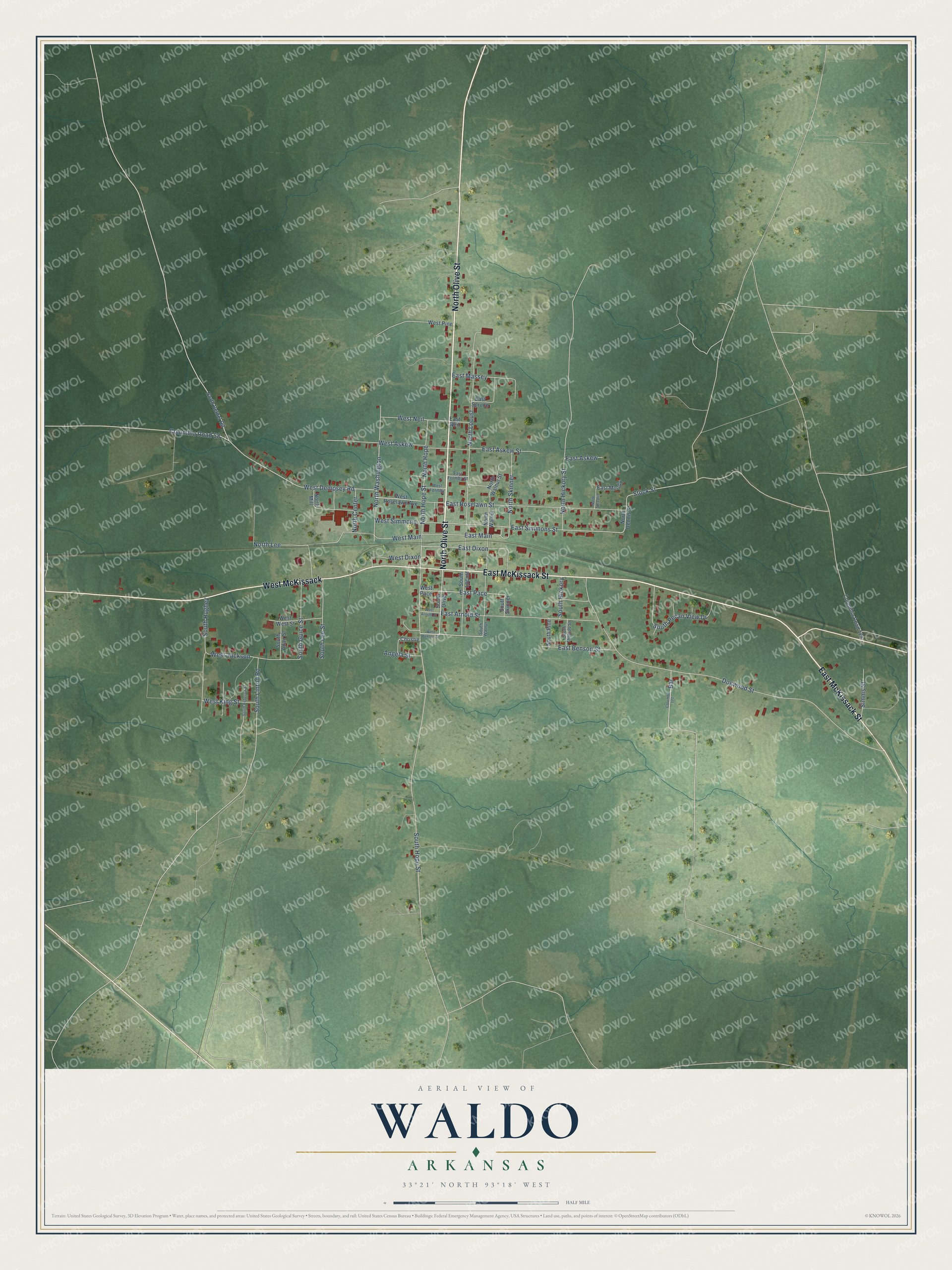 Full map of Waldo, Arkansas, with red buildings, printed street names and the land around them