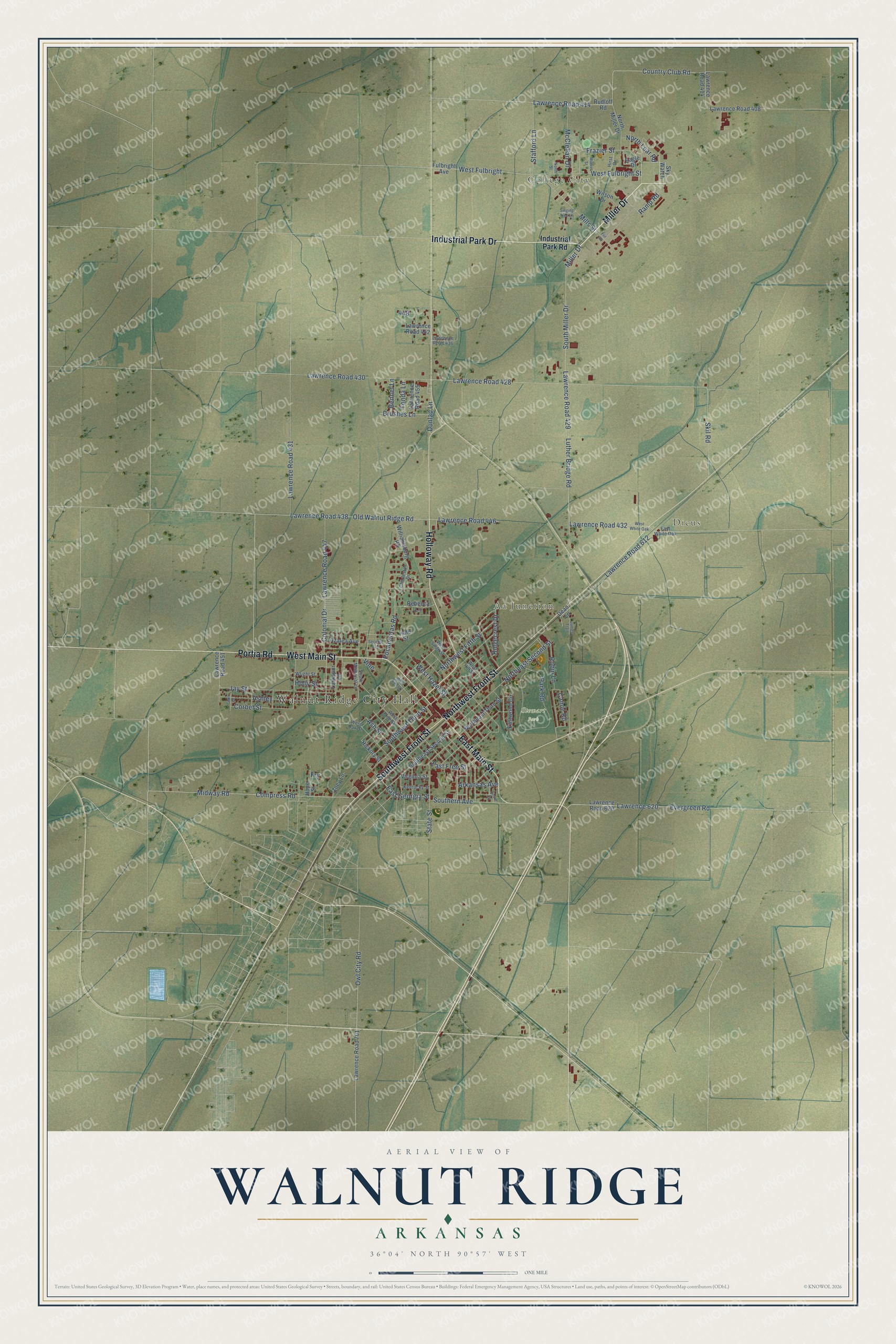 Full map of Walnut Ridge, Arkansas, with red buildings, printed street names and the land around them