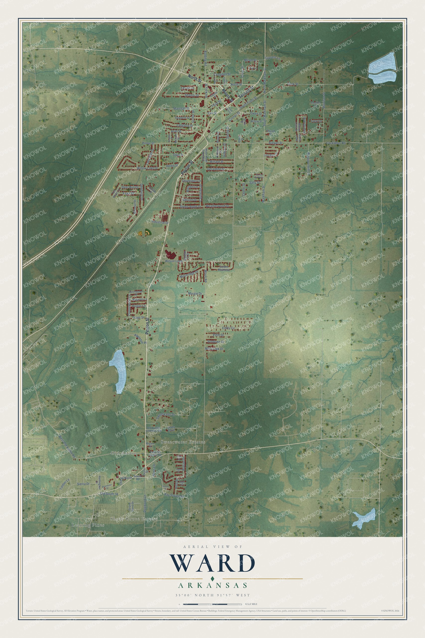 Full map of Ward, Arkansas, with red buildings, printed street names and the land around them