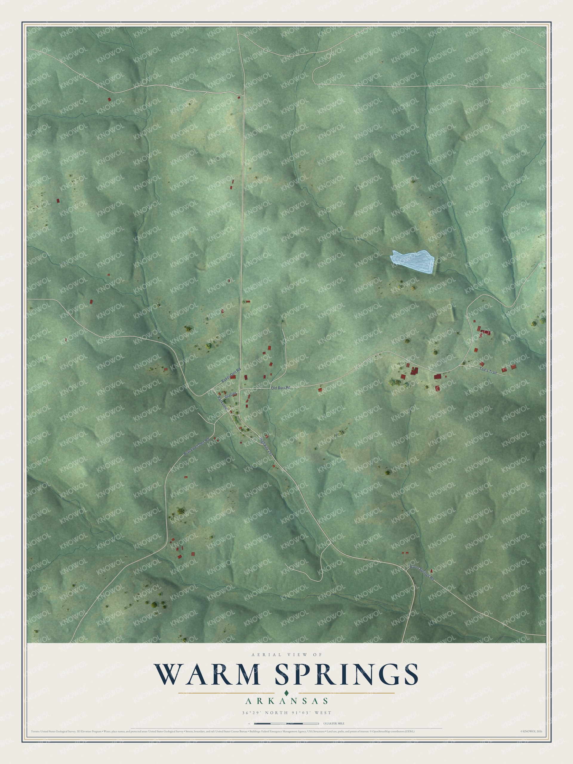 Full map of Warm Springs, Arkansas, with red buildings, printed street names and the land around them