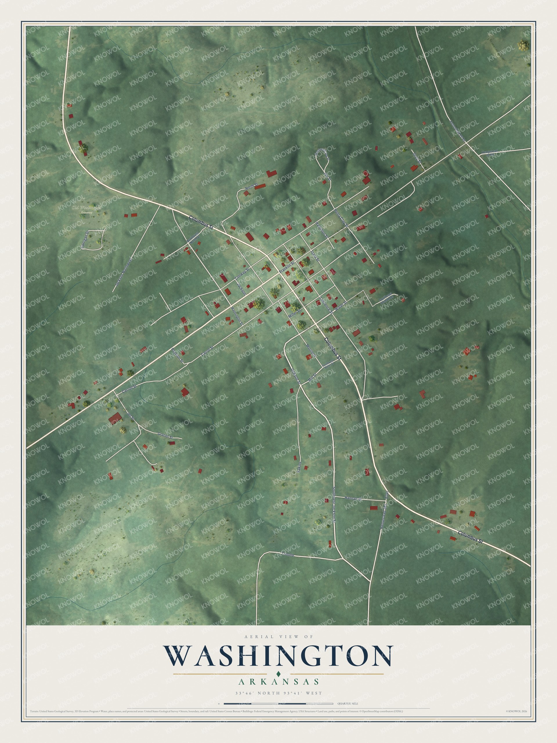 Full map of Washington, Arkansas, with red buildings, printed street names and the land around them