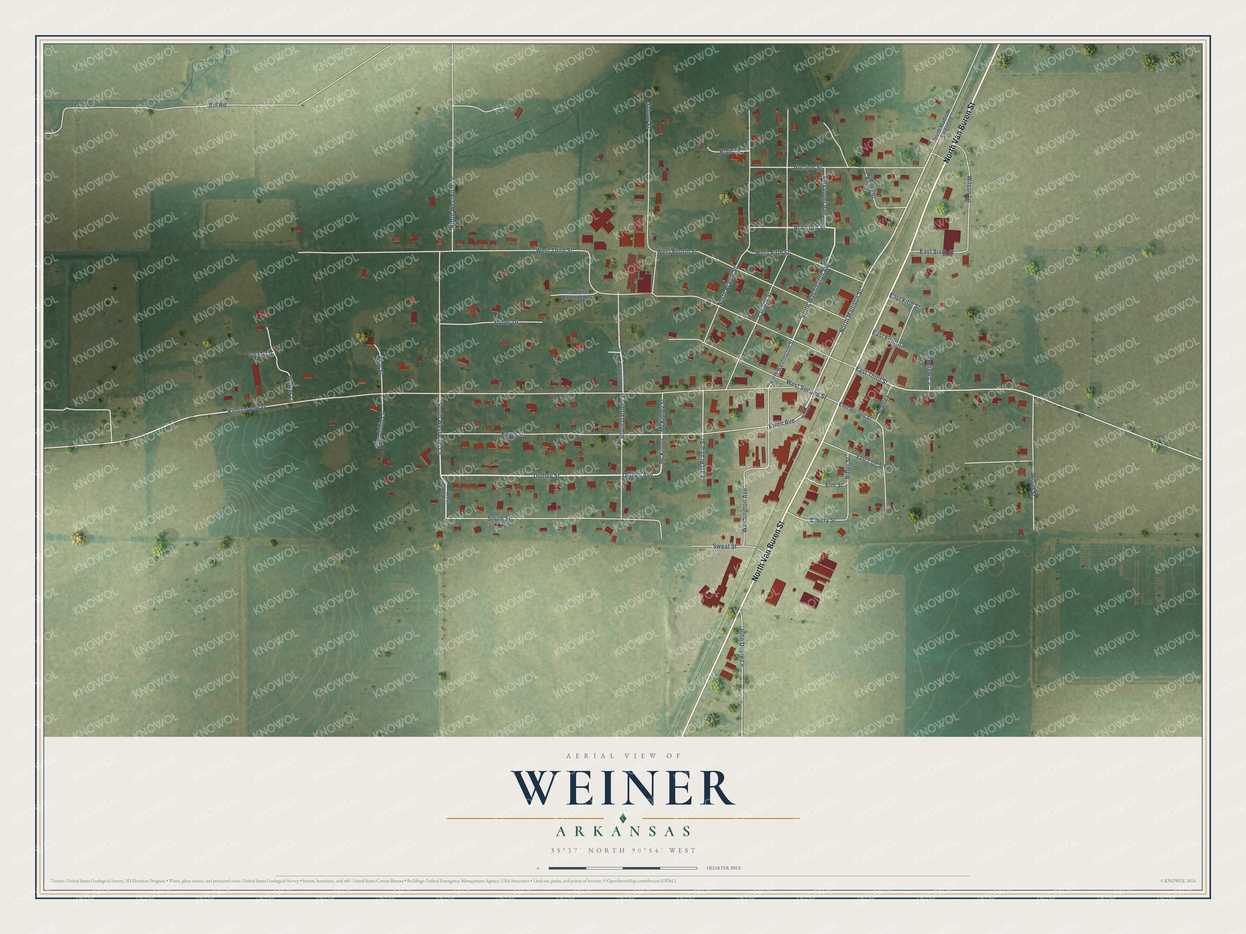 Full map of Weiner, Arkansas, with red buildings, printed street names and the land around them