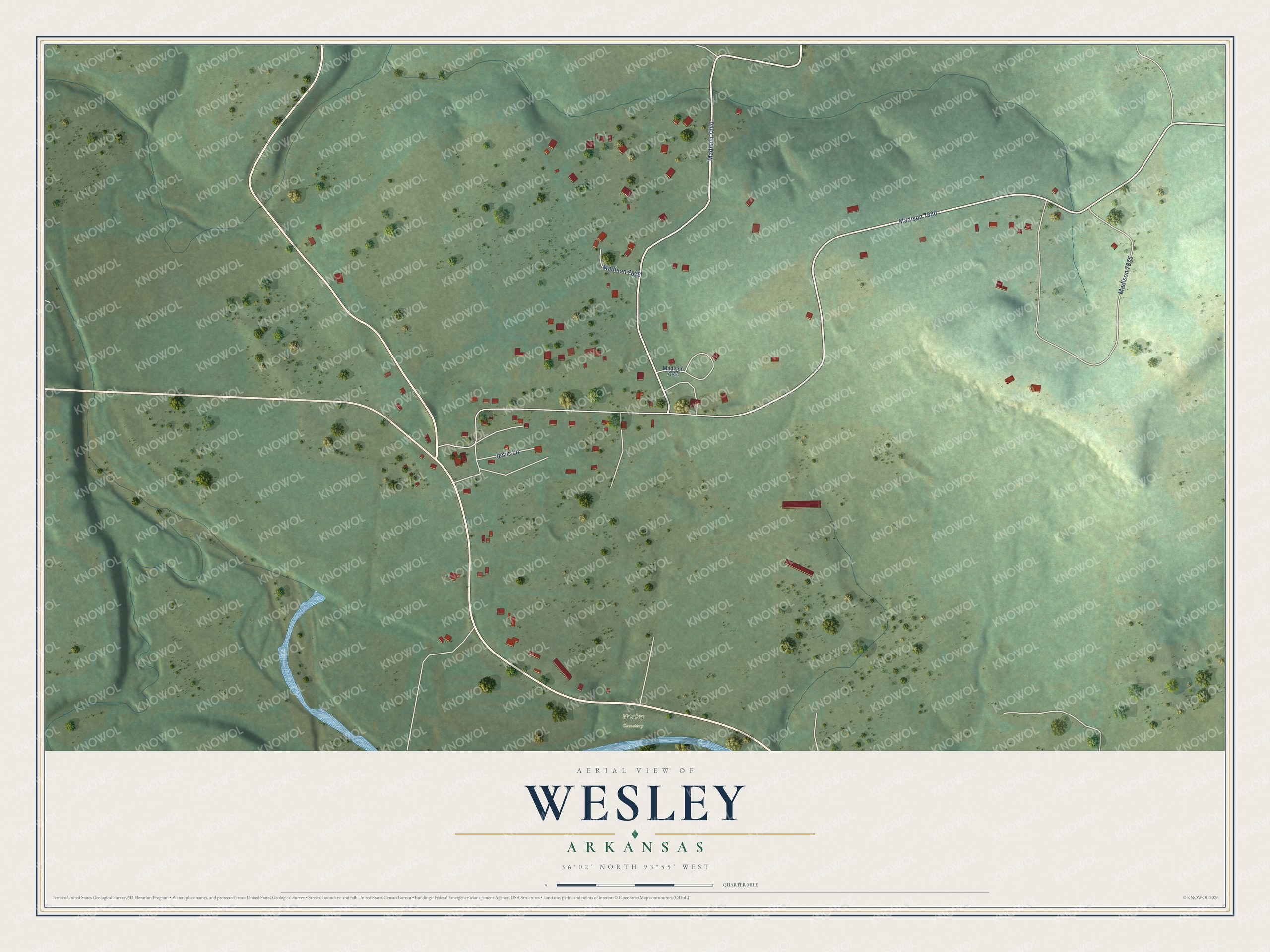 Full map of Wesley, Arkansas, with red buildings, printed street names and the land around them