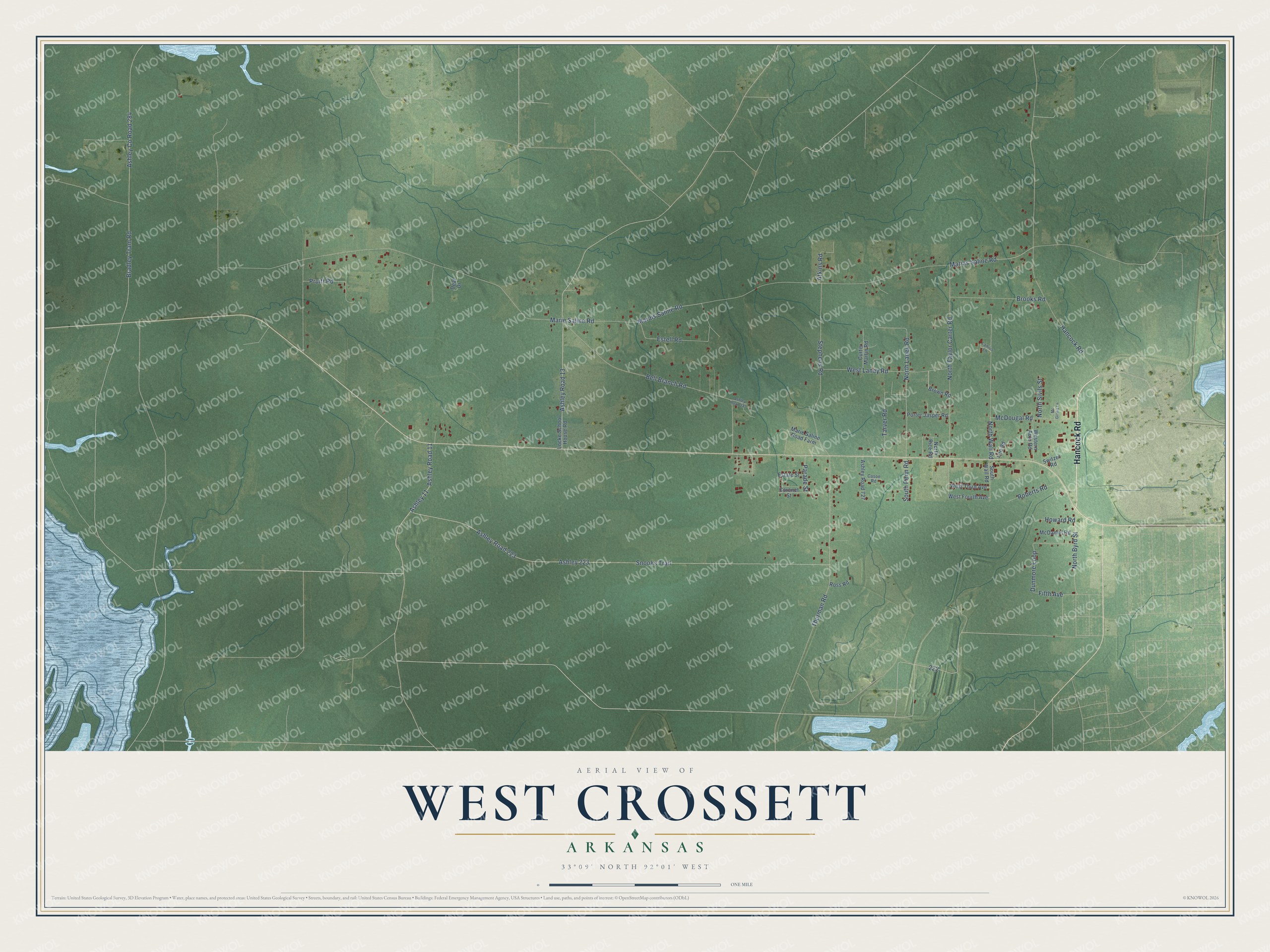 Full map of West Crossett, Arkansas, with red buildings, printed street names and the land around them