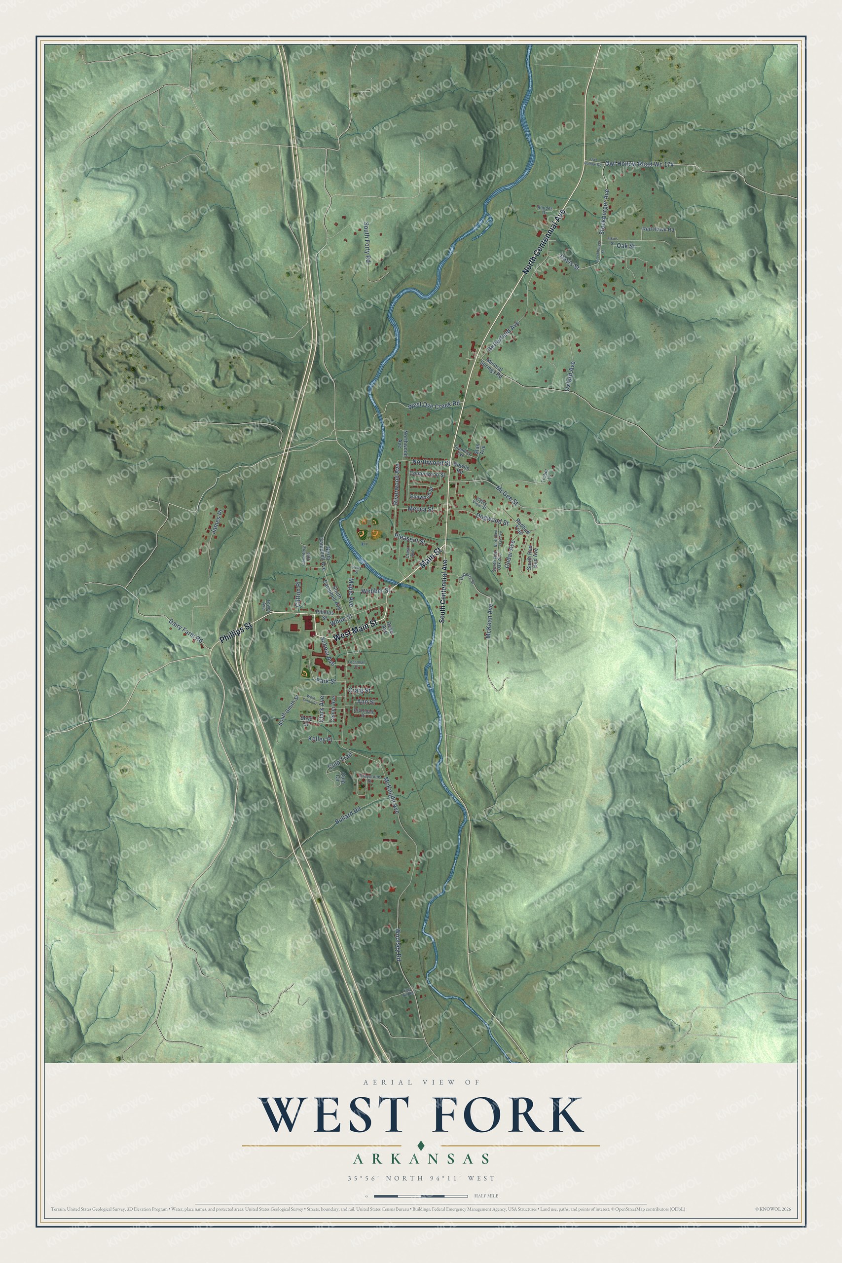 Full map of West Fork, Arkansas, with red buildings, printed street names and the land around them