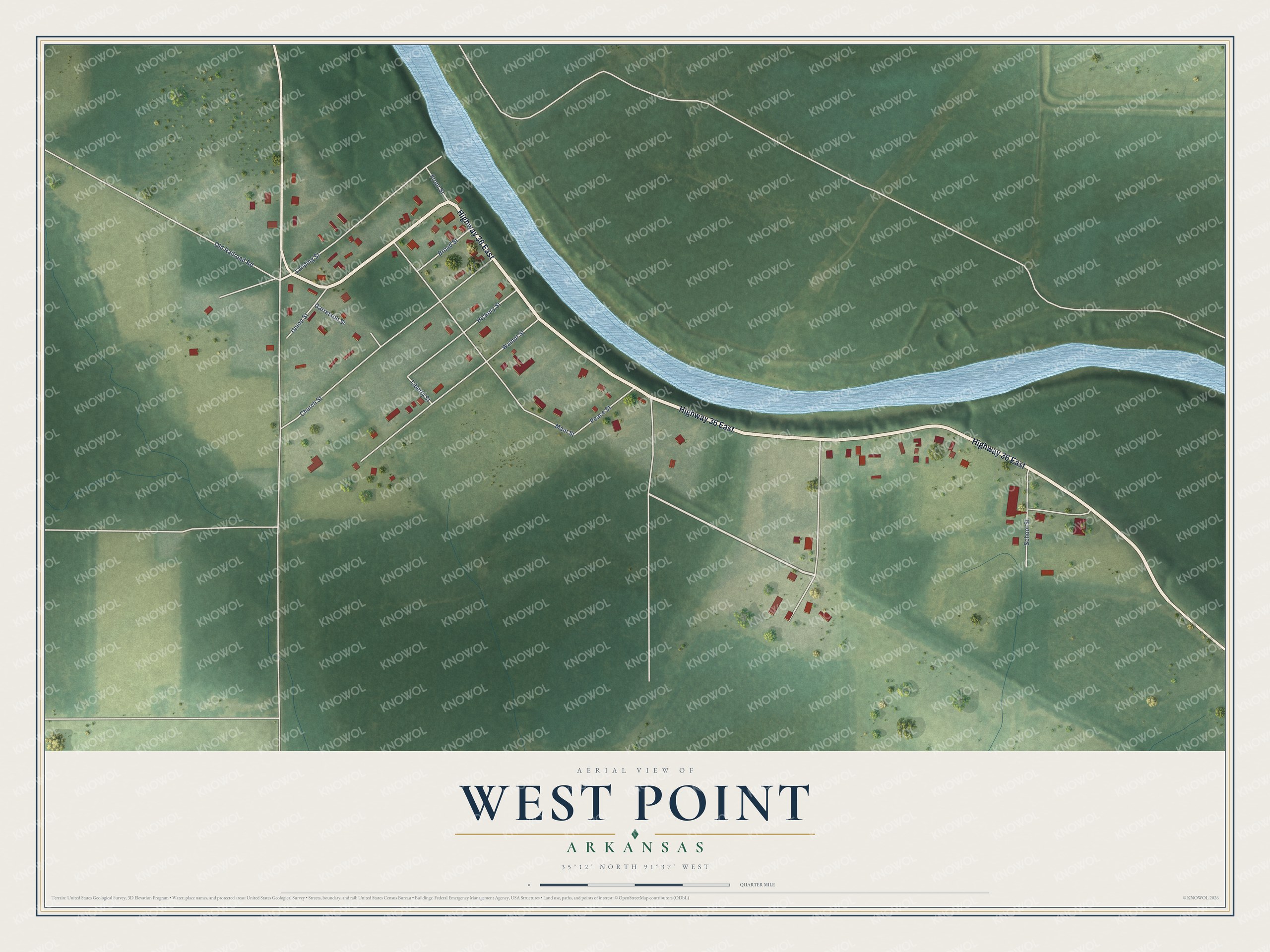 Full map of West Point, Arkansas, with red buildings, printed street names and the land around them