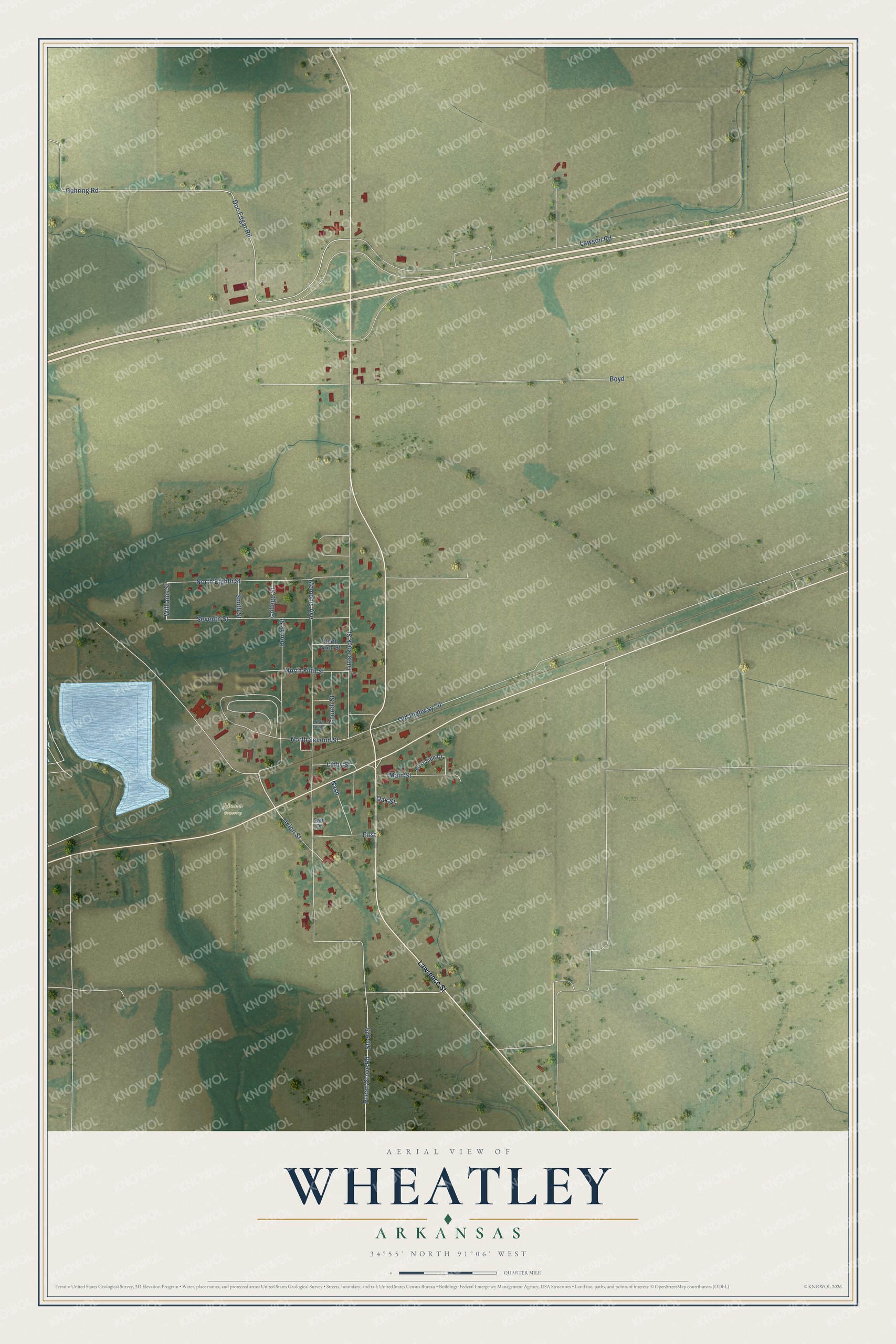 Full map of Wheatley, Arkansas, with red buildings, printed street names and the land around them