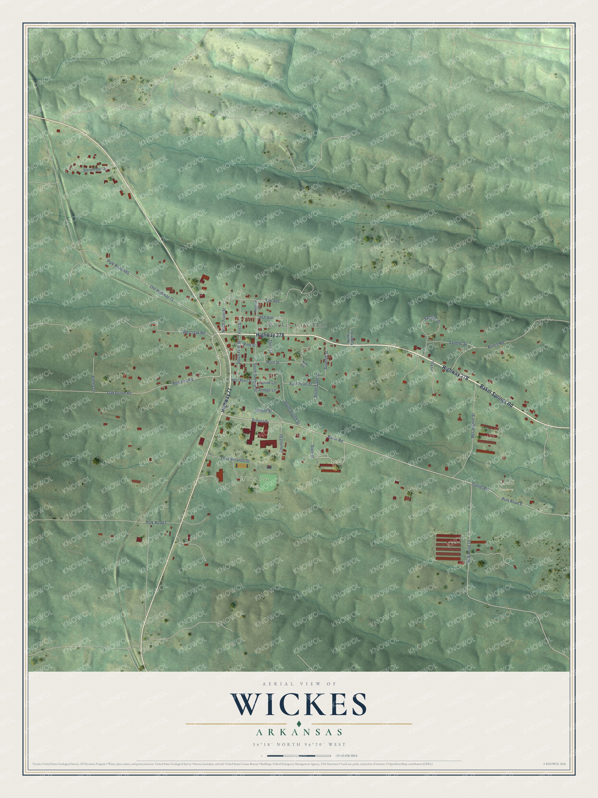 Full map of Wickes, Arkansas, with red buildings, printed street names and the land around them