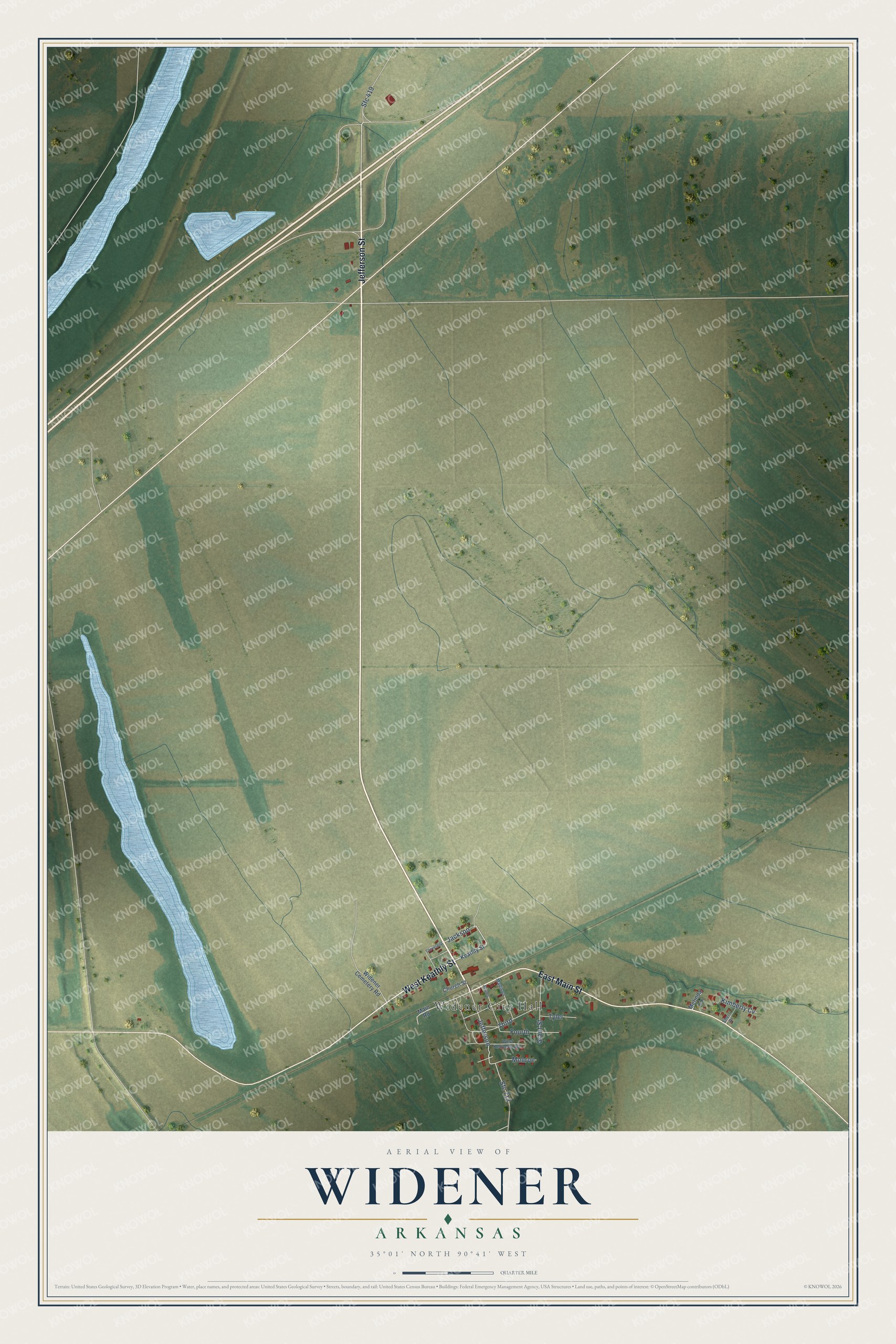 Full map of Widener, Arkansas, with red buildings, printed street names and the land around them