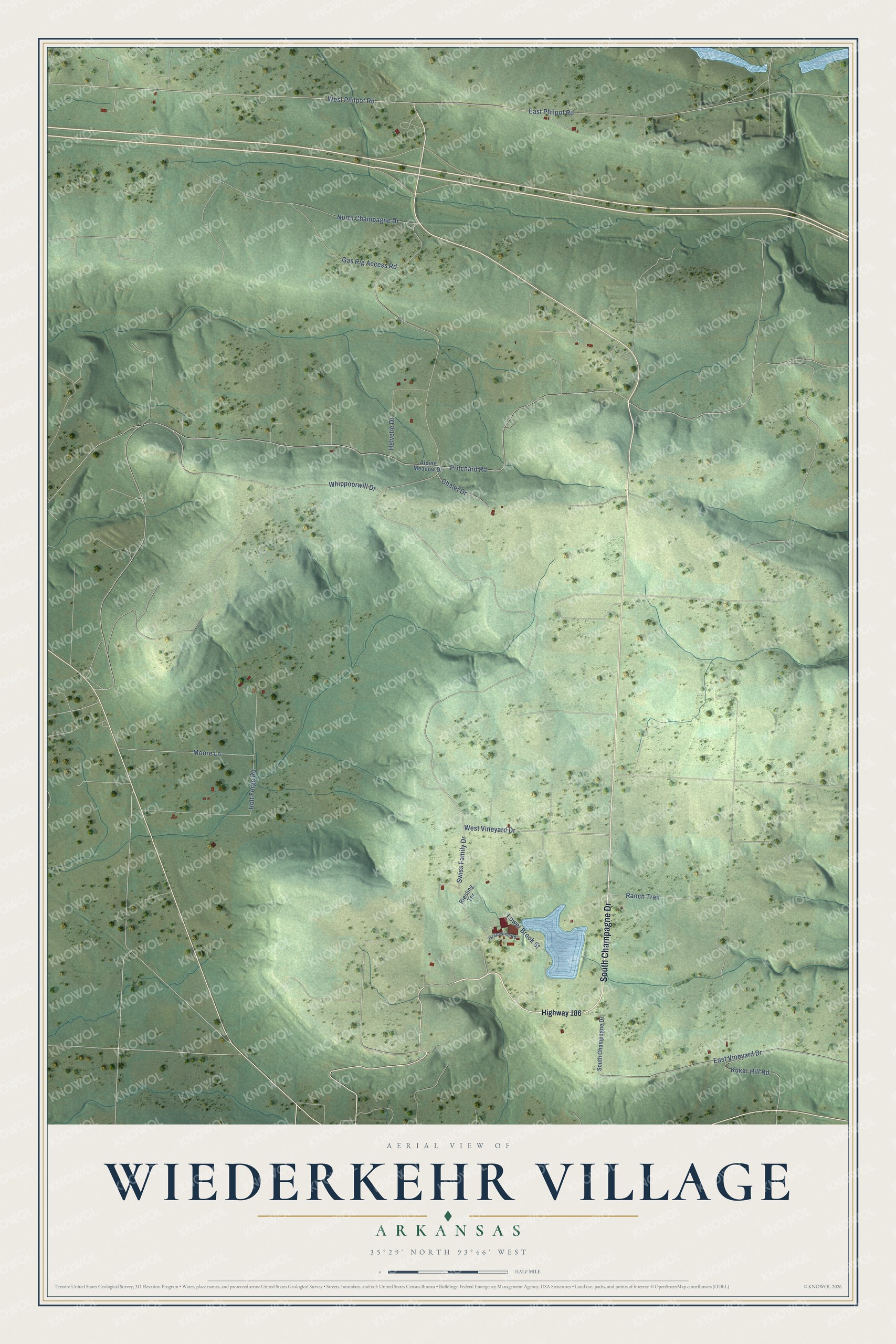 Full map of Wiederkehr Village, Arkansas, with red buildings, printed street names and the land around them