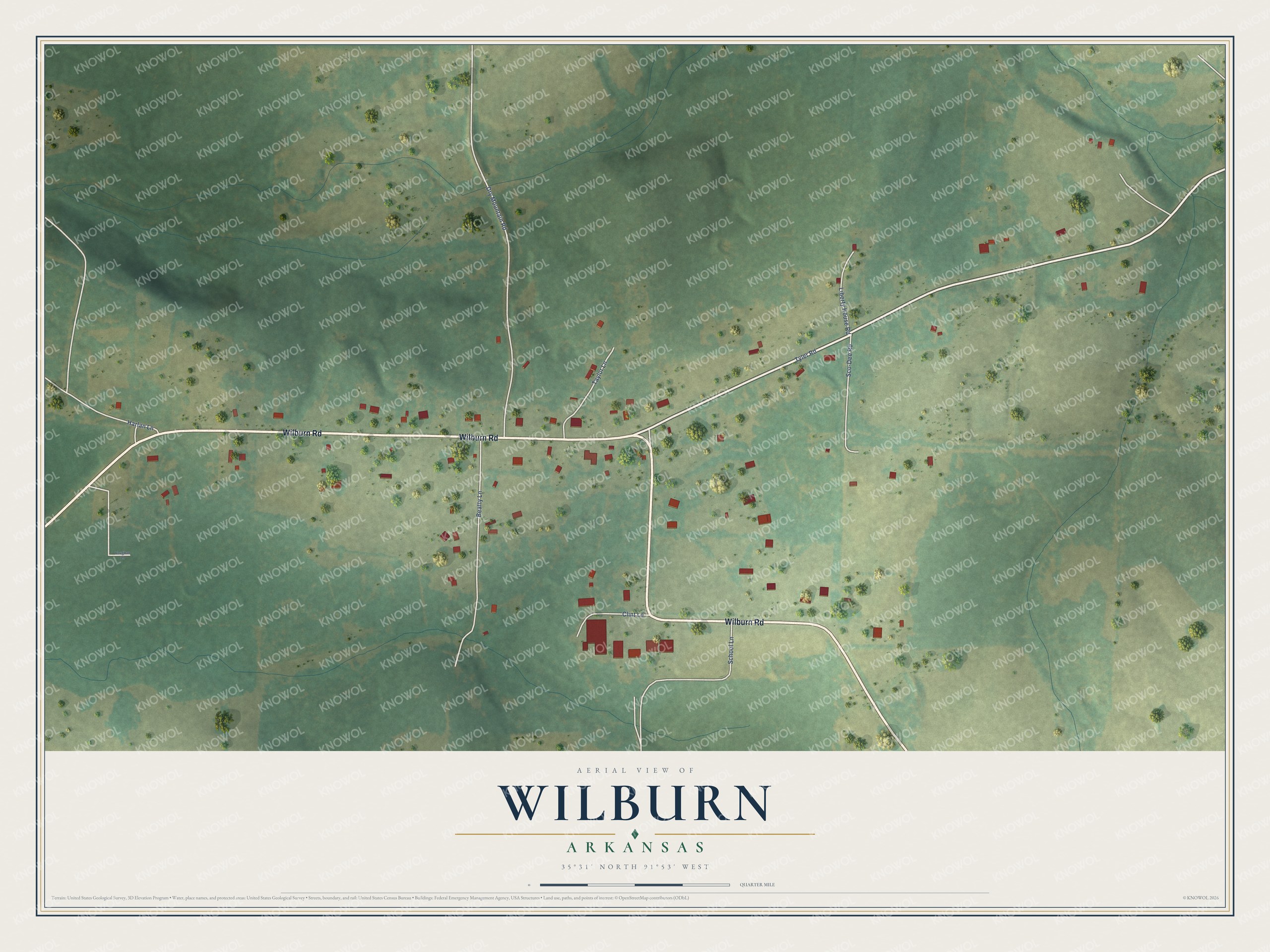 Full map of Wilburn, Arkansas, with red buildings, printed street names and the land around them