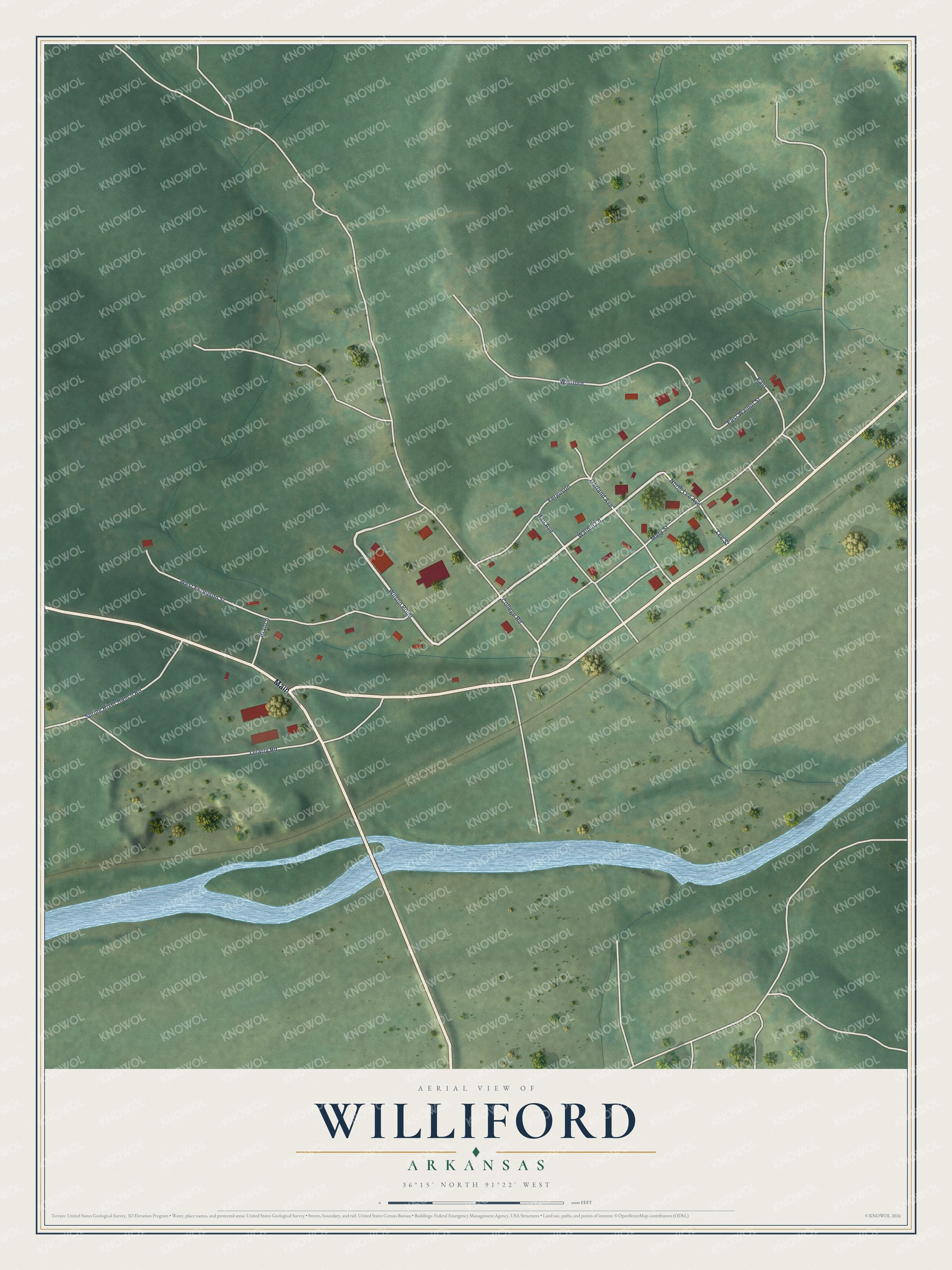 Full map of Williford, Arkansas, with red buildings, printed street names and the land around them