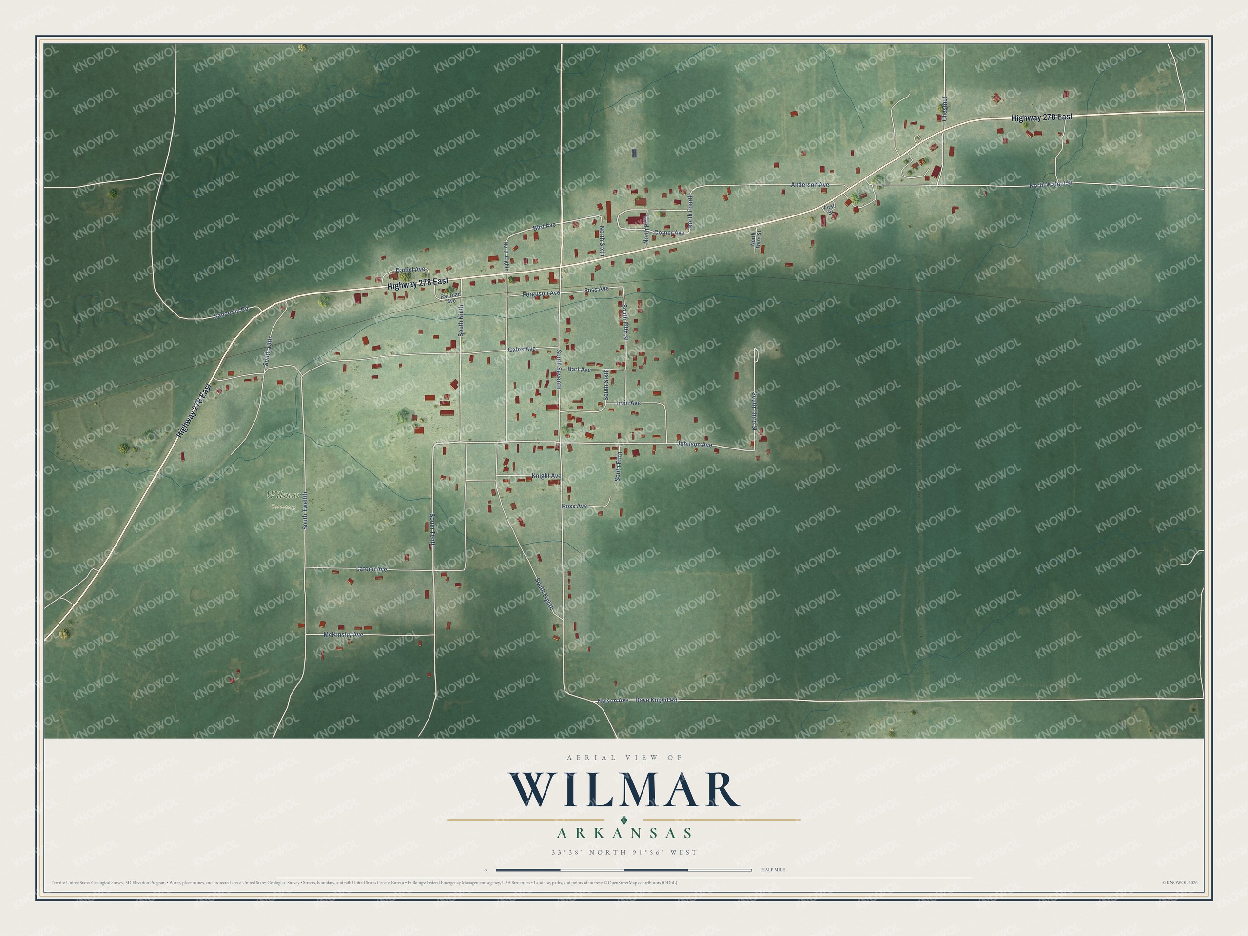 Full map of Wilmar, Arkansas, with red buildings, printed street names and the land around them