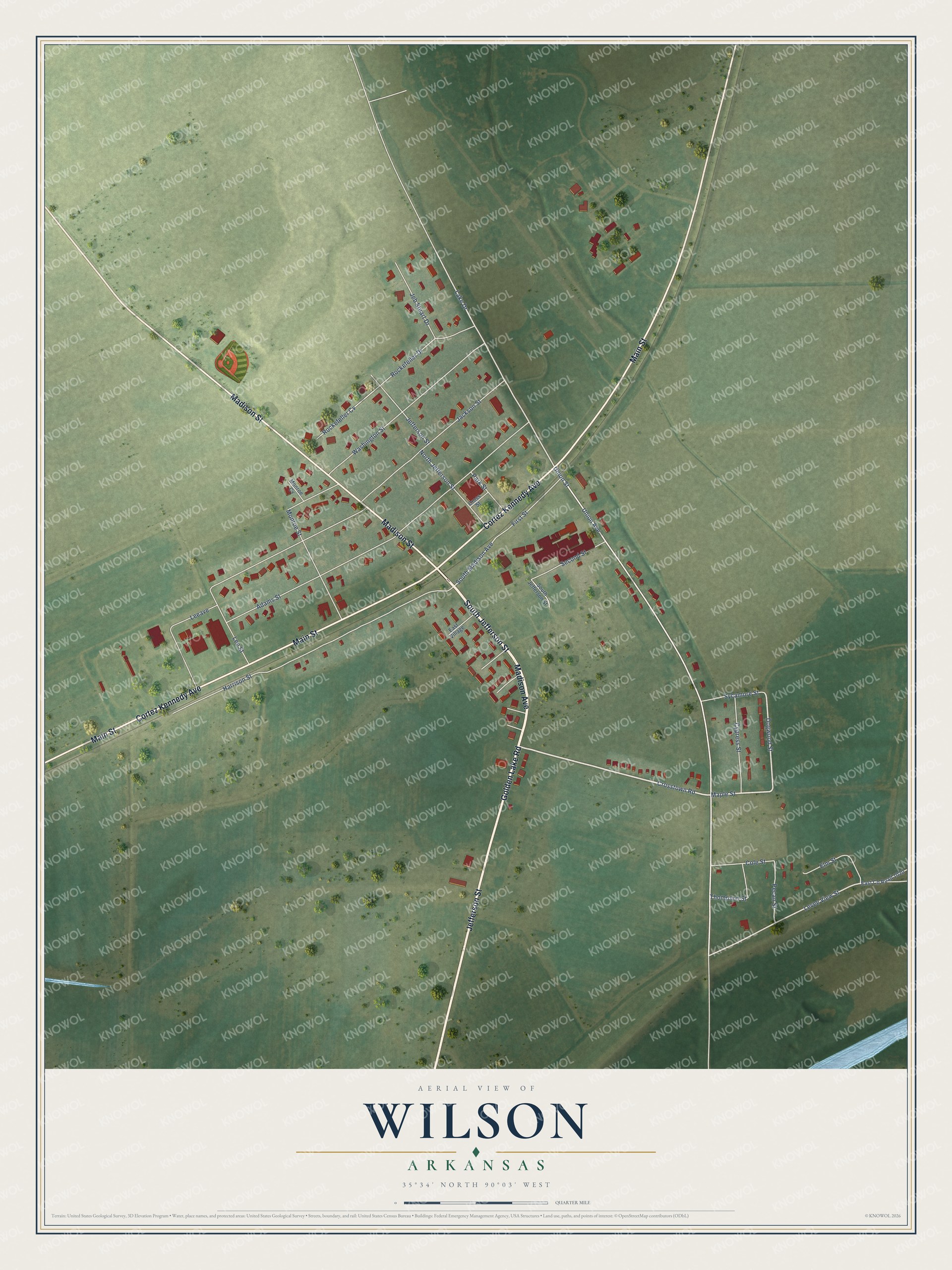 Full map of Wilson, Arkansas, with red buildings, printed street names and the land around them