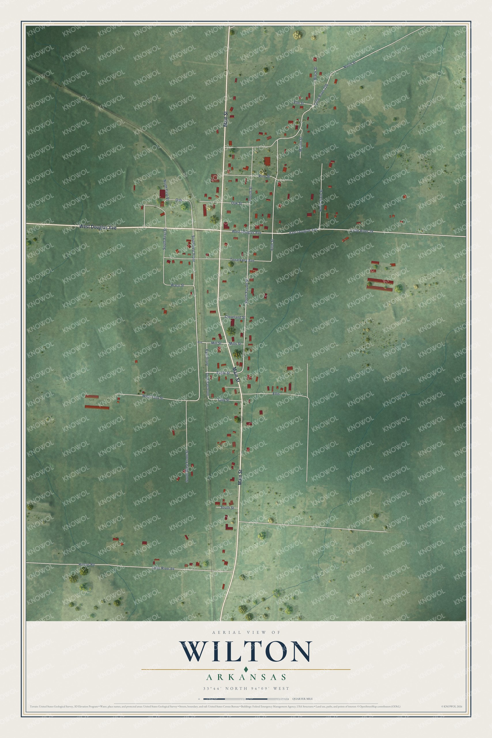 Full map of Wilton, Arkansas, with red buildings, printed street names and the land around them