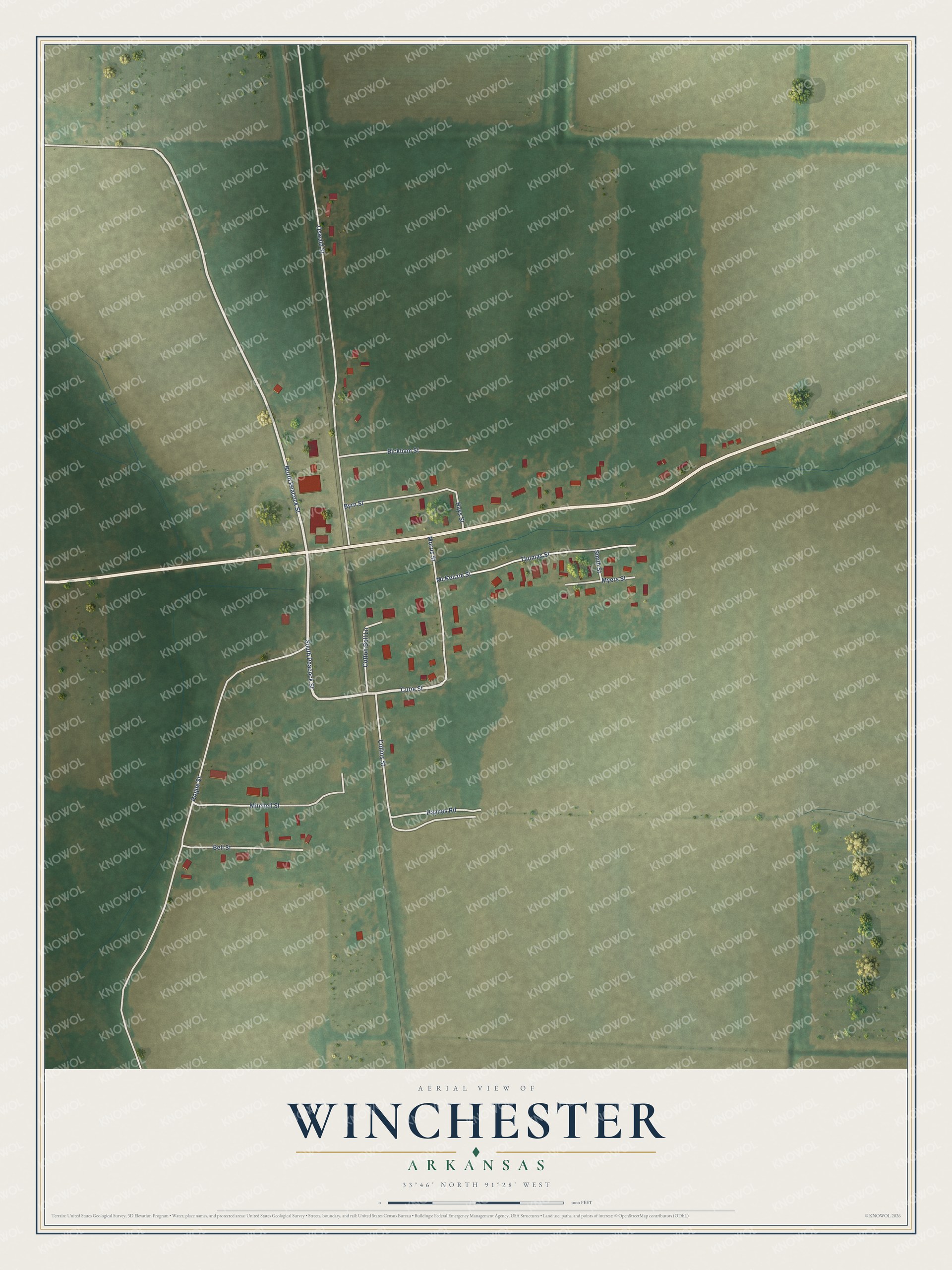 Full map of Winchester, Arkansas, with red buildings, printed street names and the land around them