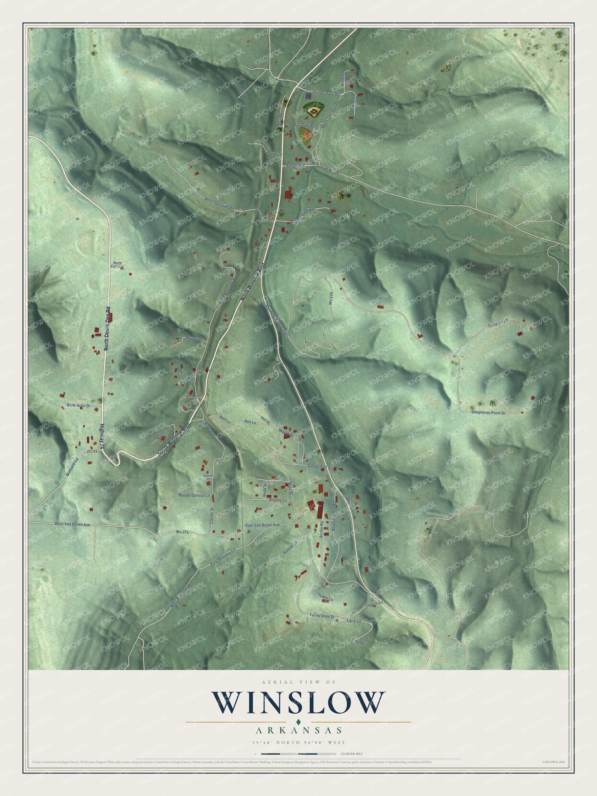 Full map of Winslow, Arkansas, with red buildings, printed street names and the land around them