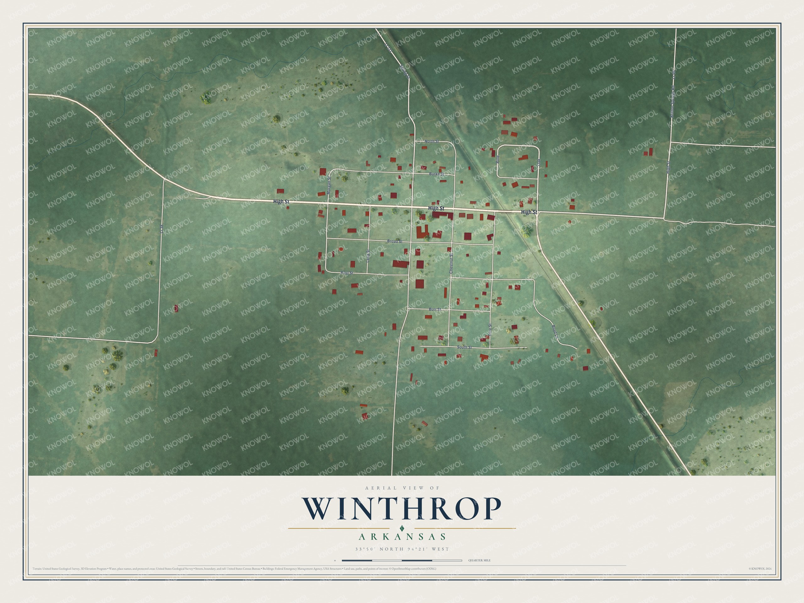 Full map of Winthrop, Arkansas, with red buildings, printed street names and the land around them