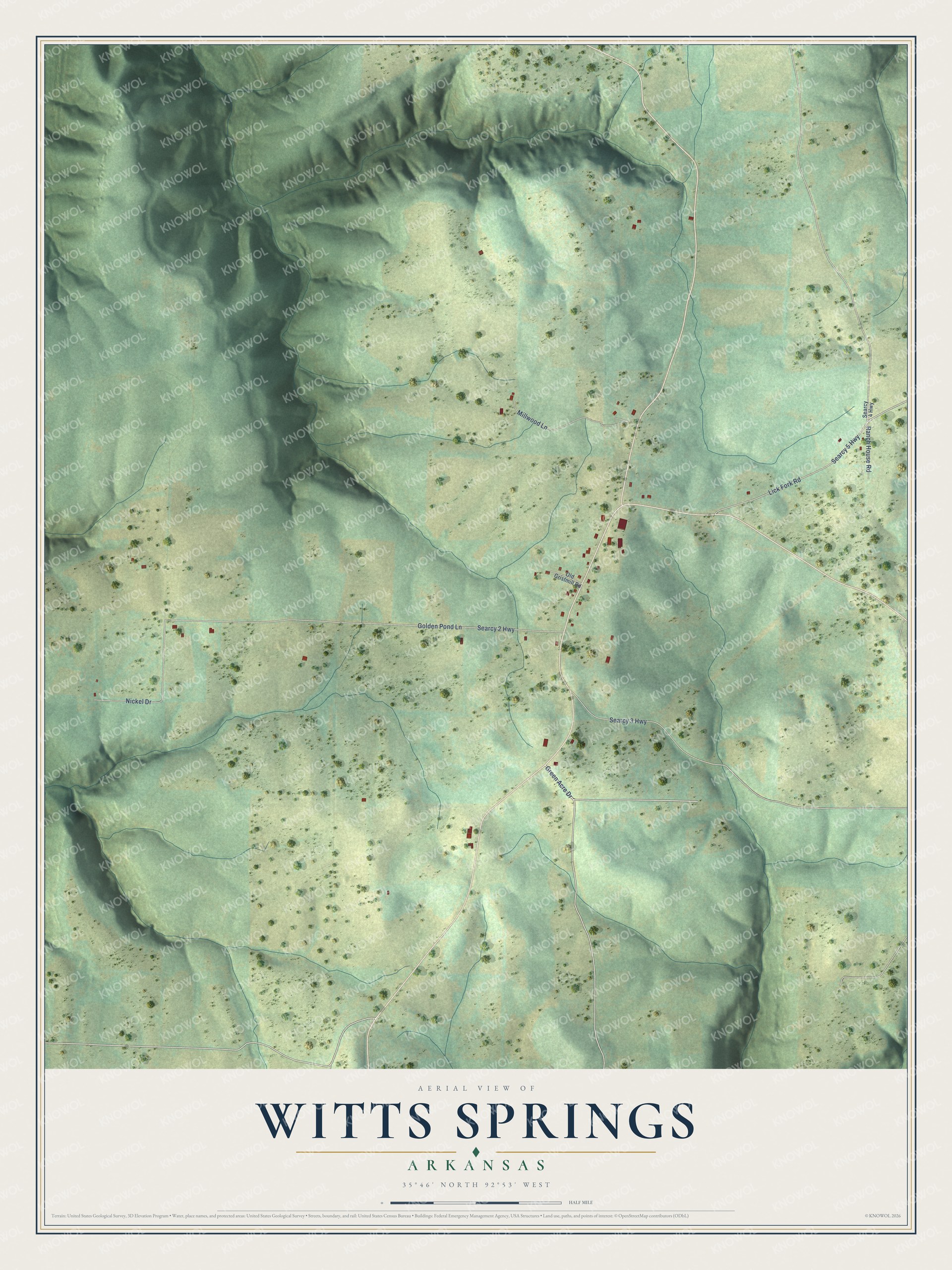 Full map of Witts Springs, Arkansas, with red buildings, printed street names and the land around them